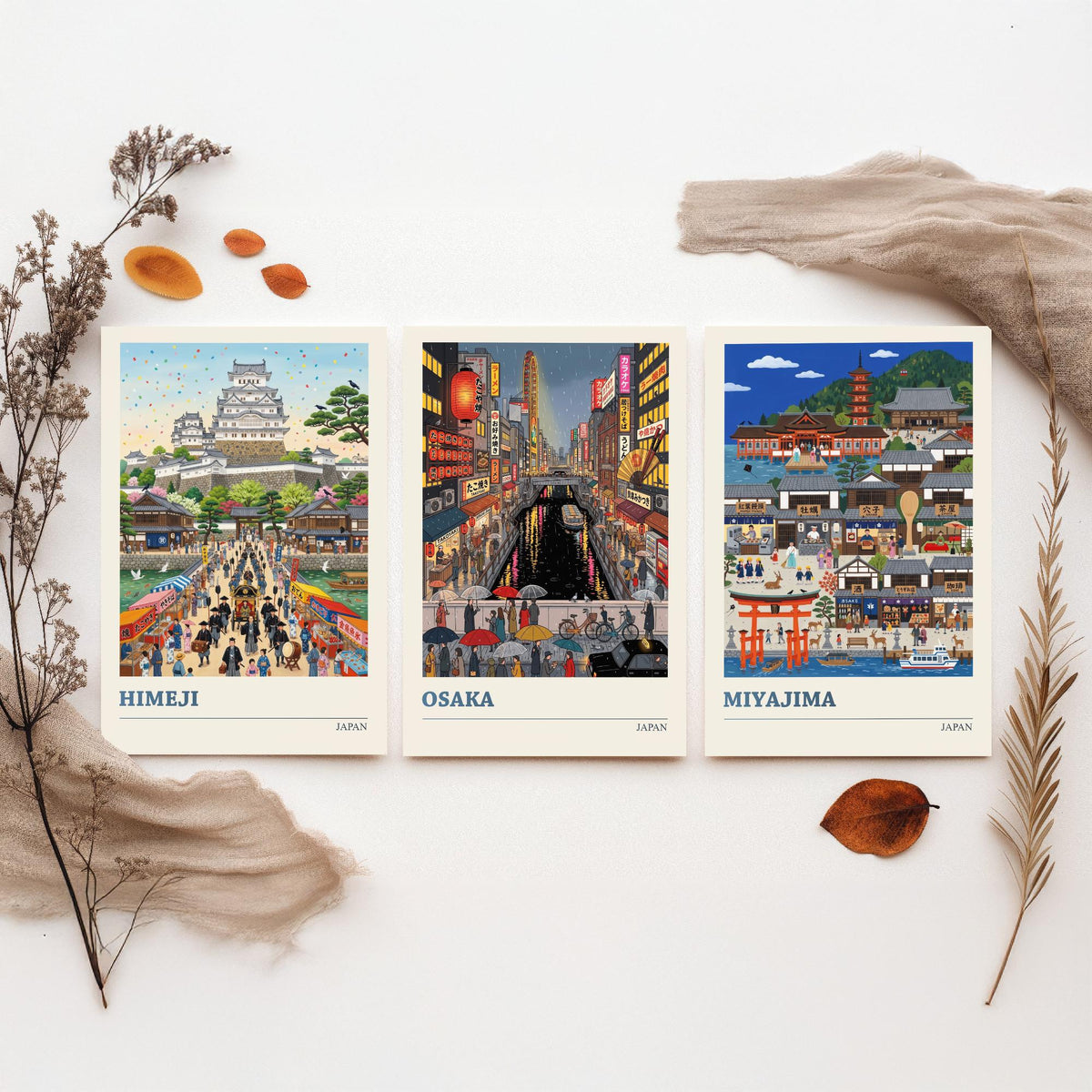 Japan Set of Three Art Prints - Himeji, Osaka, Miyajima - 3 Colourful Folk Illustration Travel Posters - Japanese Painting