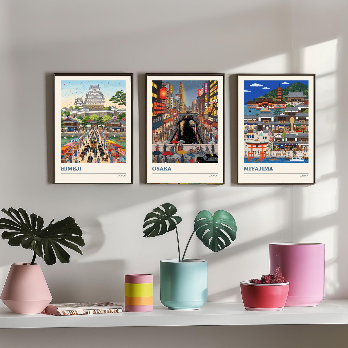 Japan Set of Three Art Prints - Himeji, Osaka, Miyajima - 3 Colourful Folk Illustration Travel Posters - Japanese Painting