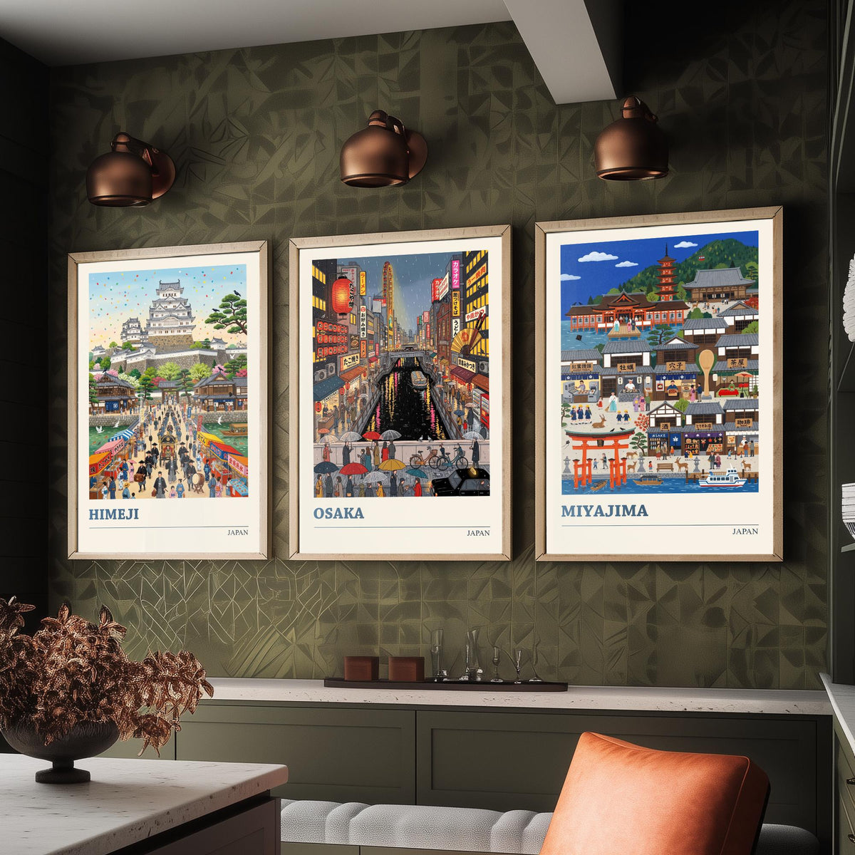Japan Set of Three Art Prints - Himeji, Osaka, Miyajima - 3 Colourful Folk Illustration Travel Posters - Japanese Painting