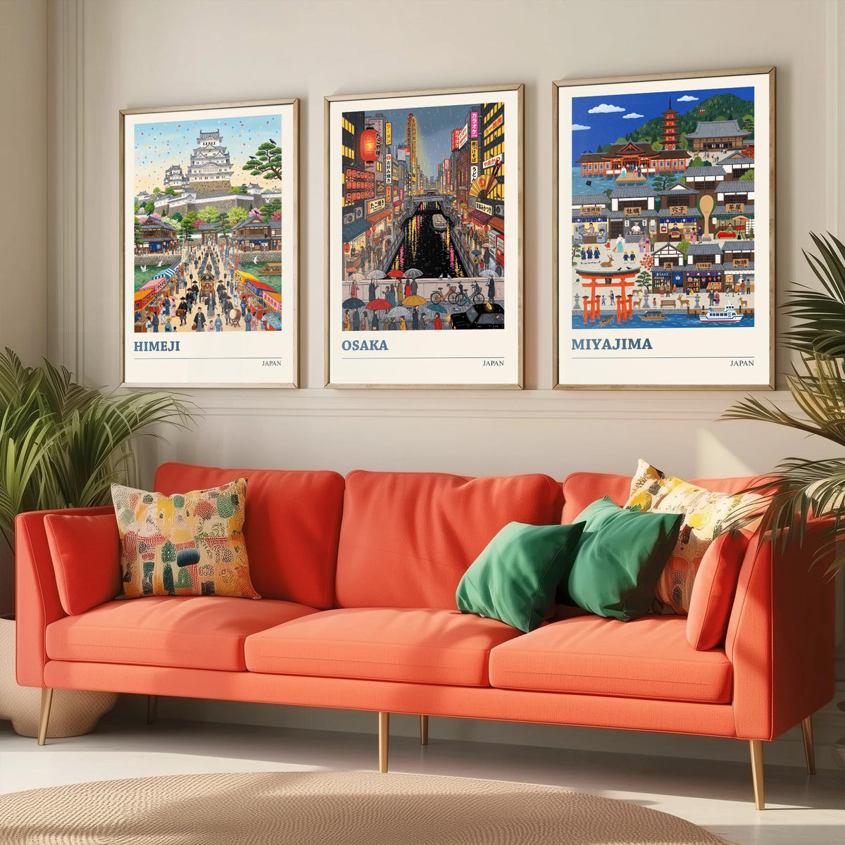 Japan Set of Three Art Prints - Himeji, Osaka, Miyajima - 3 Colourful Folk Illustration Travel Posters - Japanese Painting
