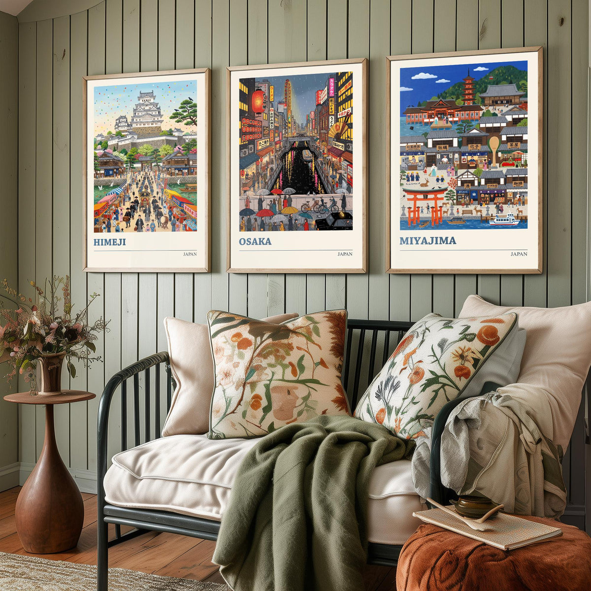 Japan Set of Three Art Prints - Himeji, Osaka, Miyajima - 3 Colourful Folk Illustration Travel Posters - Japanese Painting