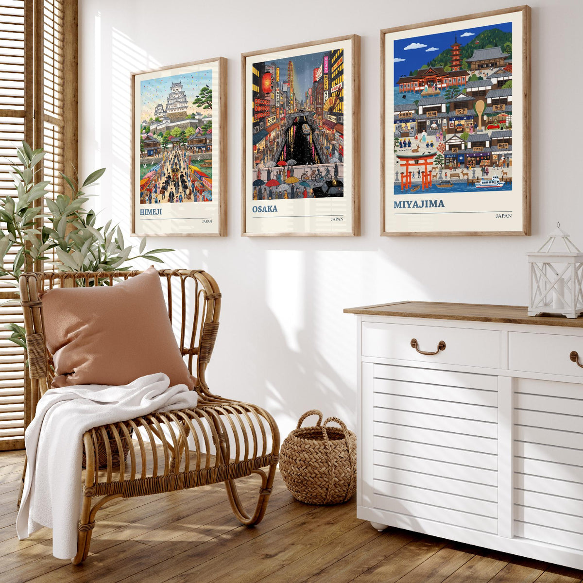 Japan Set of Three Art Prints - Himeji, Osaka, Miyajima - 3 Colourful Folk Illustration Travel Posters - Japanese Painting