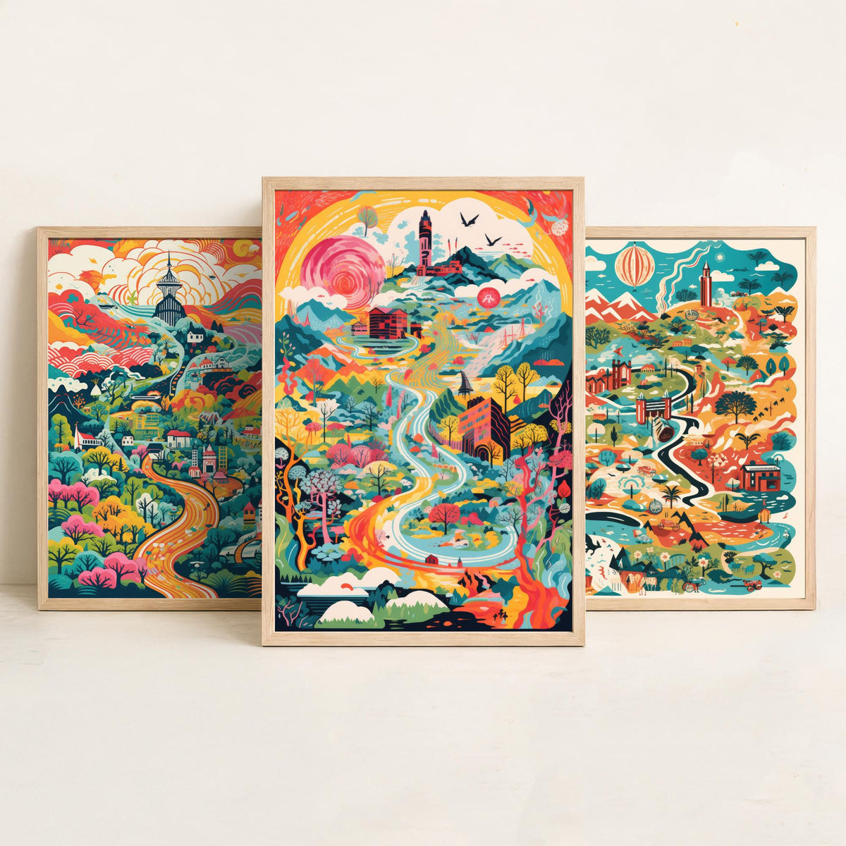 Japan Illustrated Map Set of Three Art Prints - Temples, Mountains and Rivers - Colourful Travel Poster Illustration