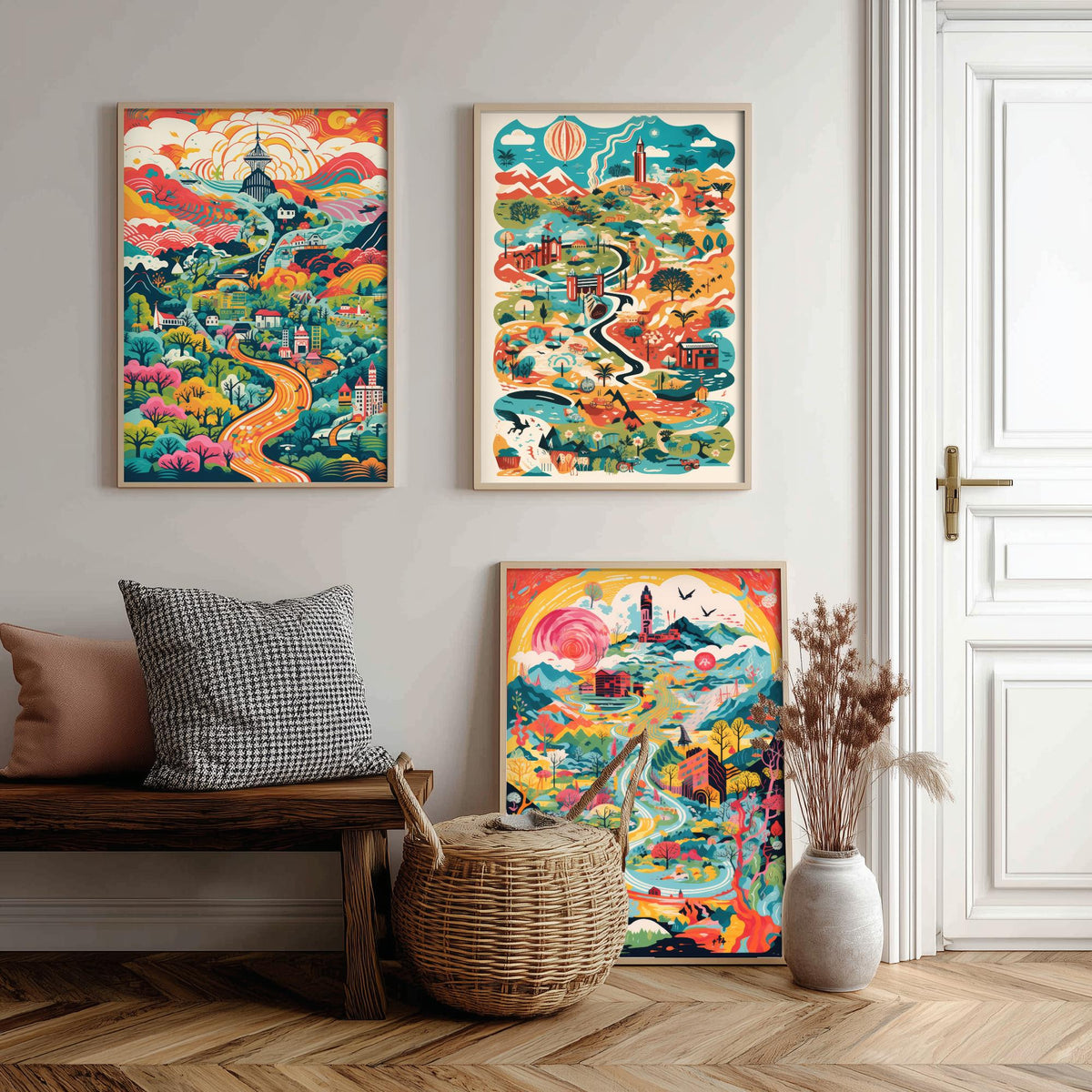 Japan Illustrated Map Set of Three Art Prints - Temples, Mountains and Rivers - Colourful Travel Poster Illustration