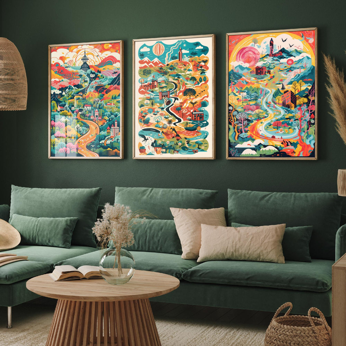 Japan Illustrated Map Set of Three Art Prints - Temples, Mountains and Rivers - Colourful Travel Poster Illustration