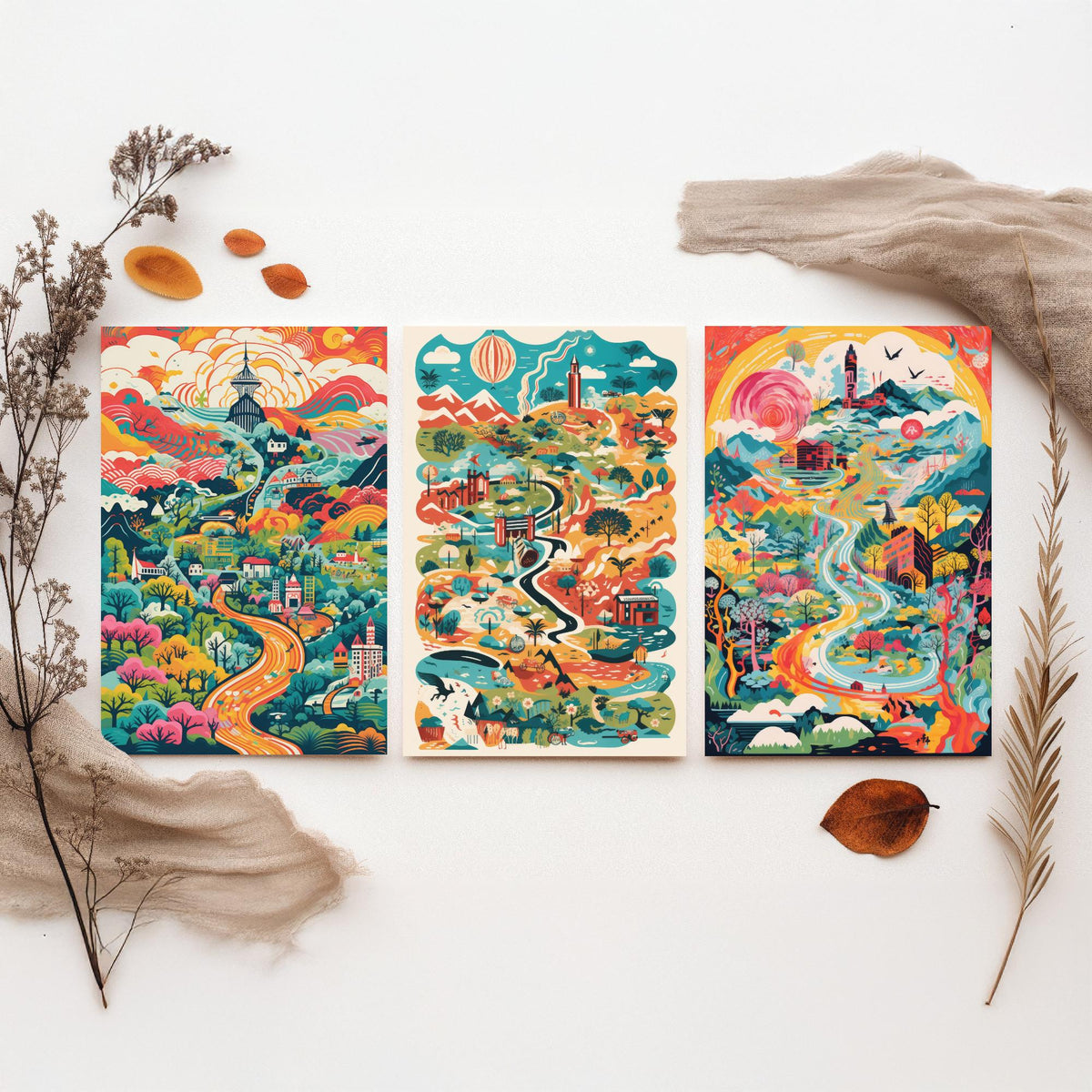 Japan Illustrated Map Set of Three Art Prints - Temples, Mountains and Rivers - Colourful Travel Poster Illustration