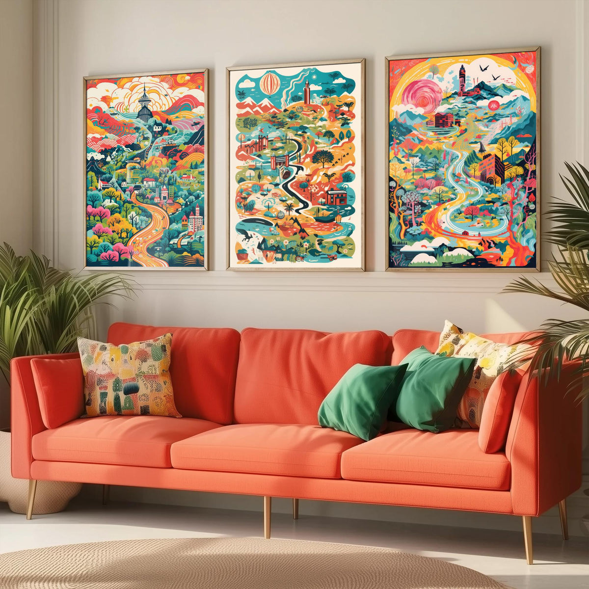 Japan Illustrated Map Set of Three Art Prints - Temples, Mountains and Rivers - Colourful Travel Poster Illustration