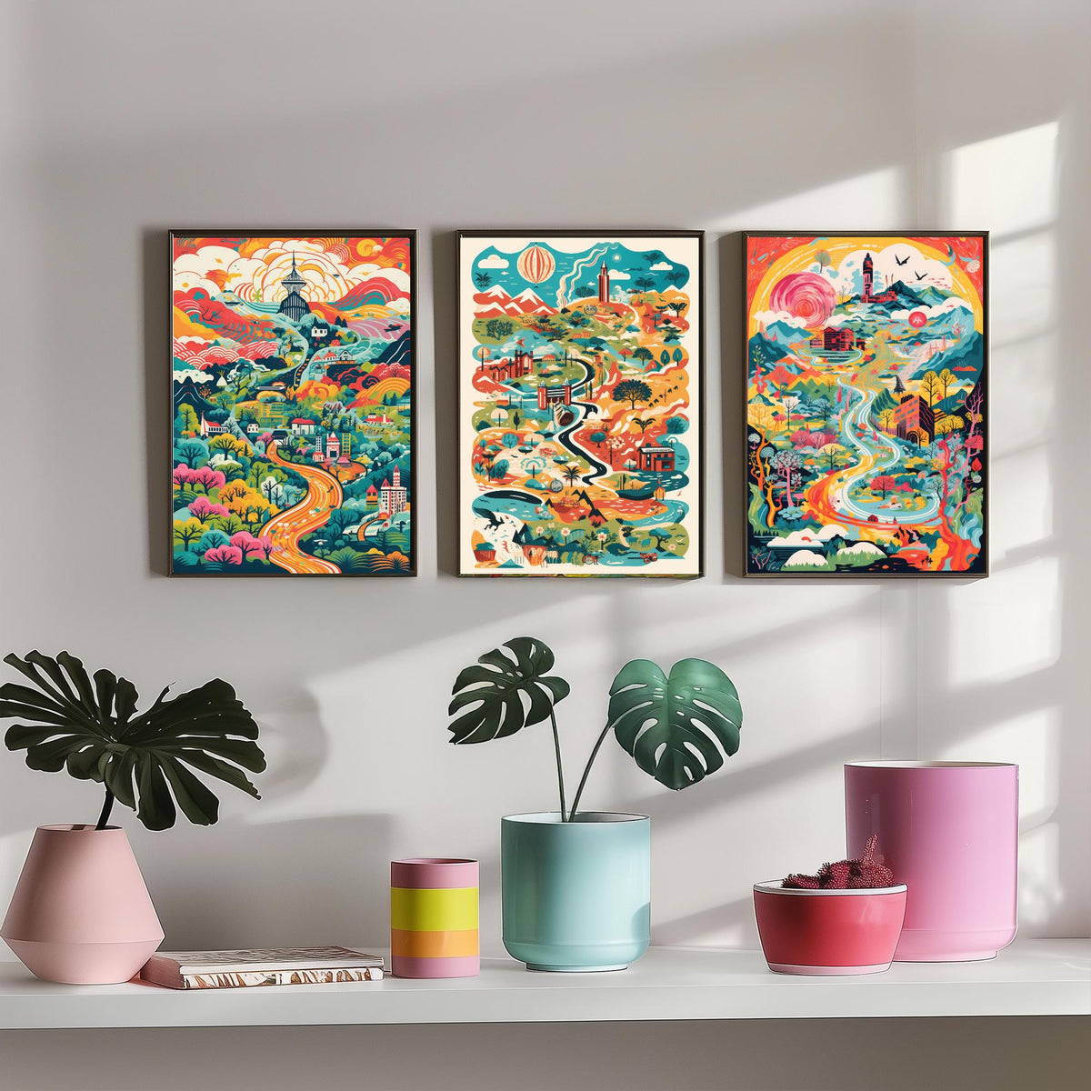 Japan Illustrated Map Set of Three Art Prints - Temples, Mountains and Rivers - Colourful Travel Poster Illustration