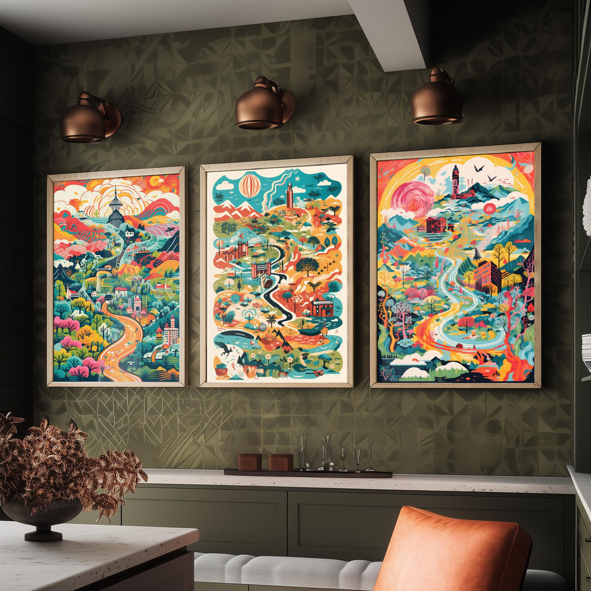 Japan Illustrated Map Set of Three Art Prints - Temples, Mountains and Rivers - Colourful Travel Poster Illustration