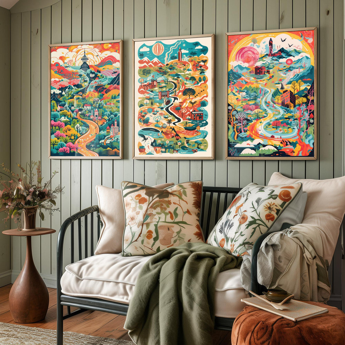 Japan Illustrated Map Set of Three Art Prints - Temples, Mountains and Rivers - Colourful Travel Poster Illustration