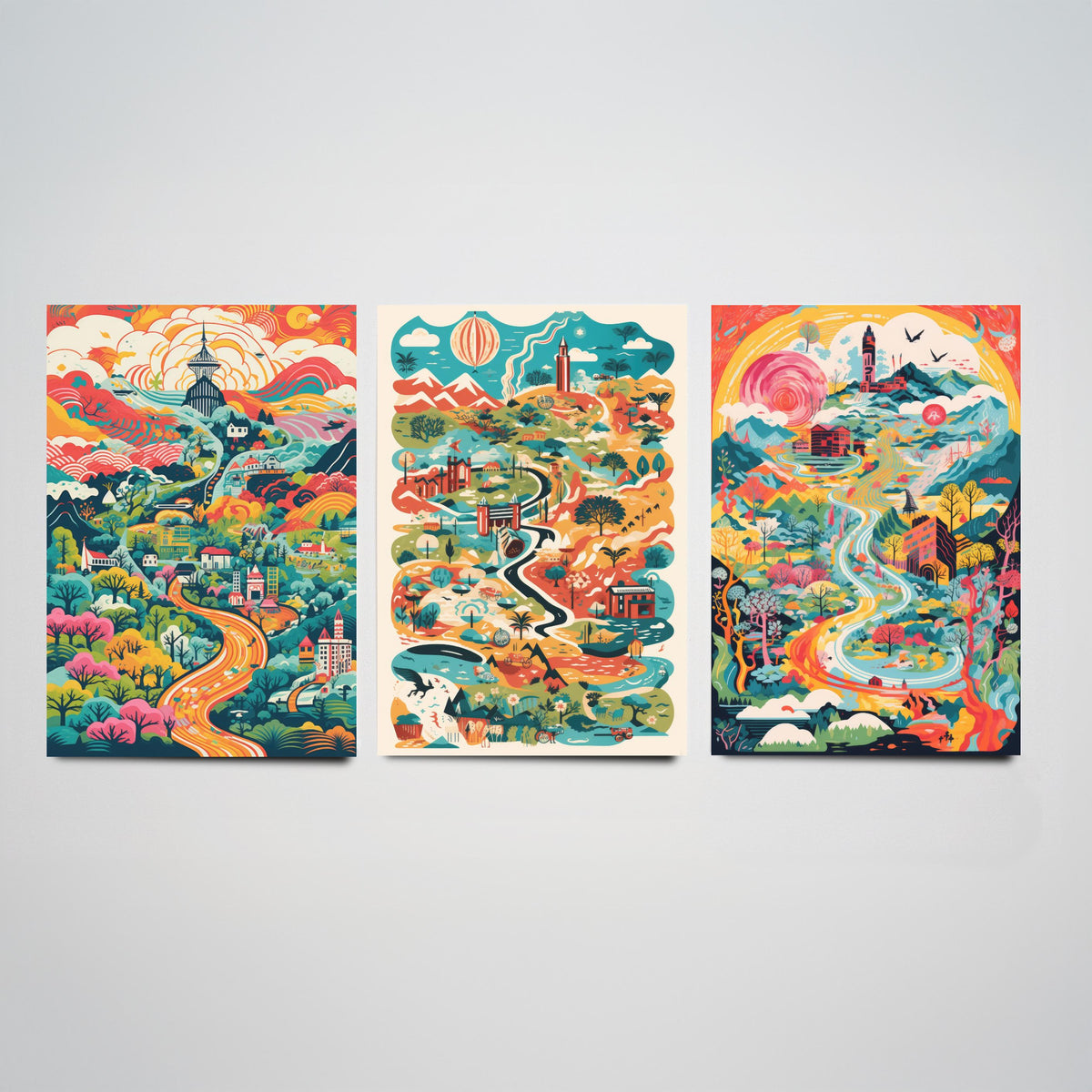 Japan Illustrated Map Set of Three Art Prints - Temples, Mountains and Rivers - Colourful Travel Poster Illustration