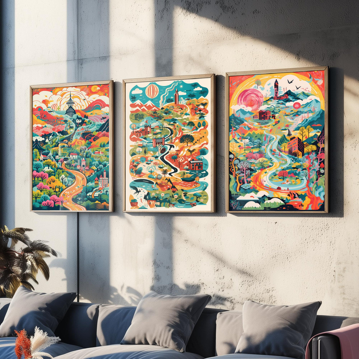 Japan Illustrated Map Set of Three Art Prints - Temples, Mountains and Rivers - Colourful Travel Poster Illustration
