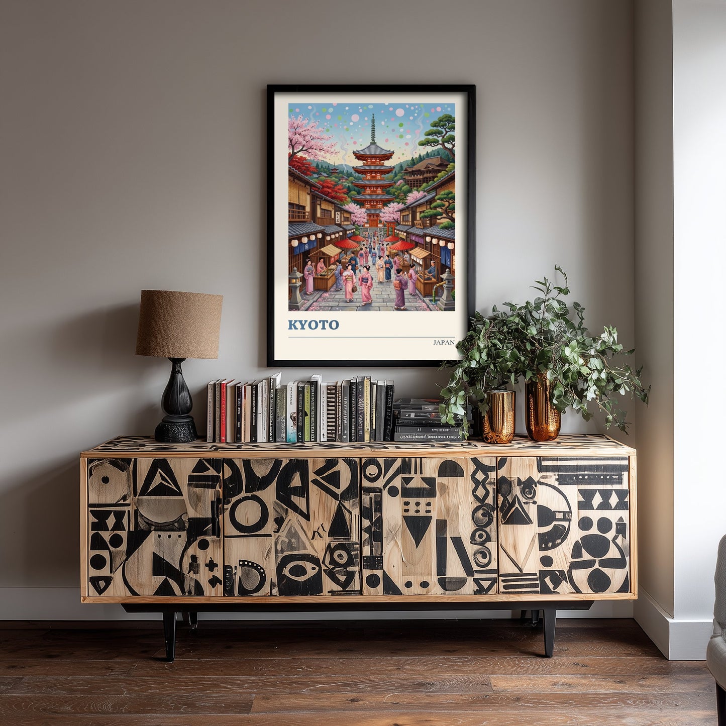 Kyoto Japan Travel Poster - Cherry Blossom Pagoda Art Print - Folk Art Illustration - Old Town Lantern Street 1/3