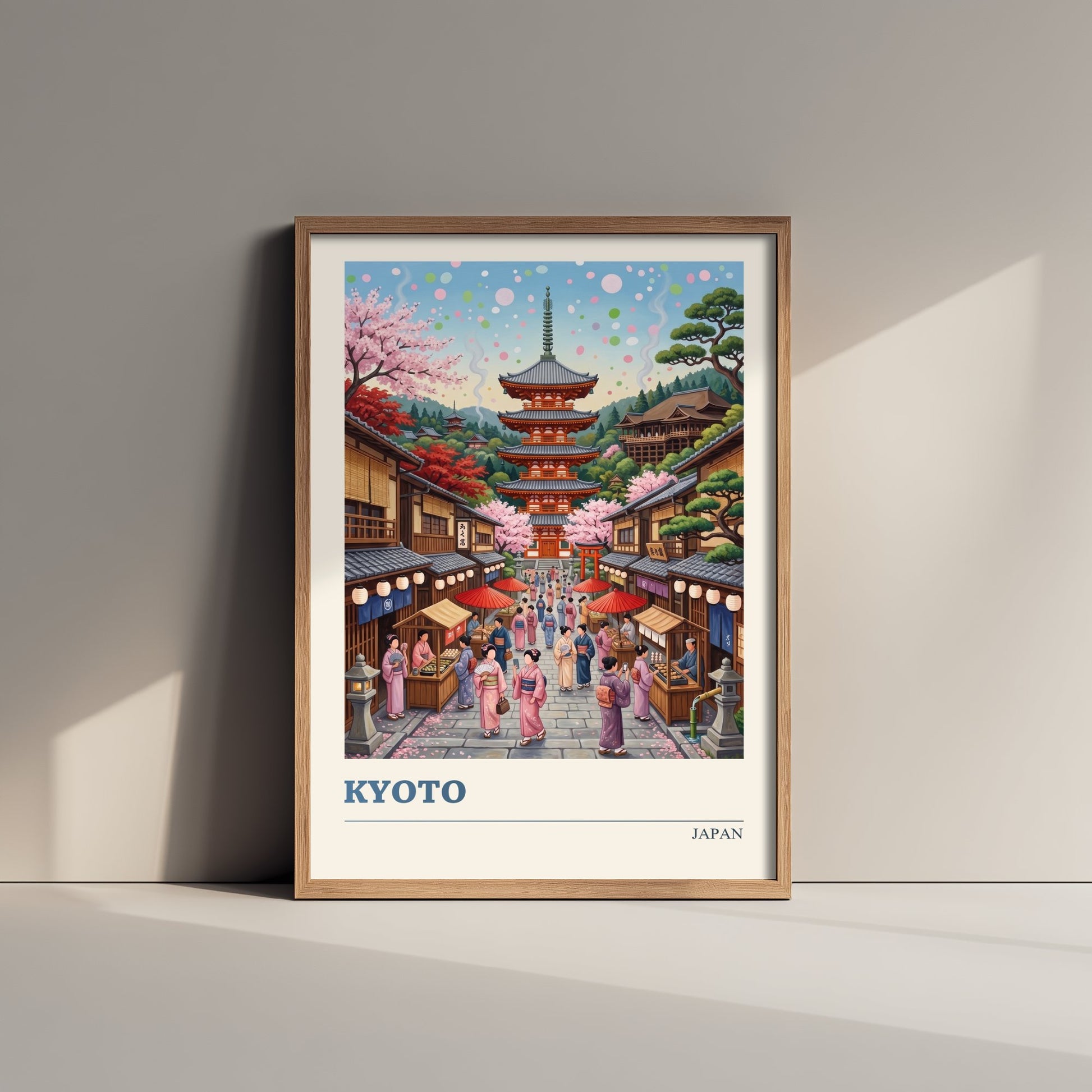 Kyoto Japan Travel Poster - Cherry Blossom Pagoda Art Print - Folk Art Illustration - Old Town Lantern Street 1/3