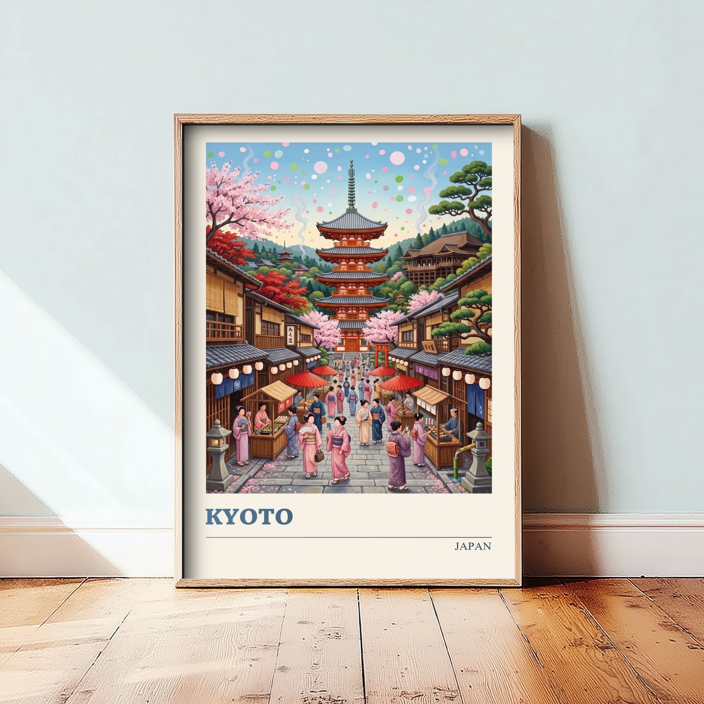 Kyoto Japan Travel Poster - Cherry Blossom Pagoda Art Print - Folk Art Illustration - Old Town Lantern Street 1/3