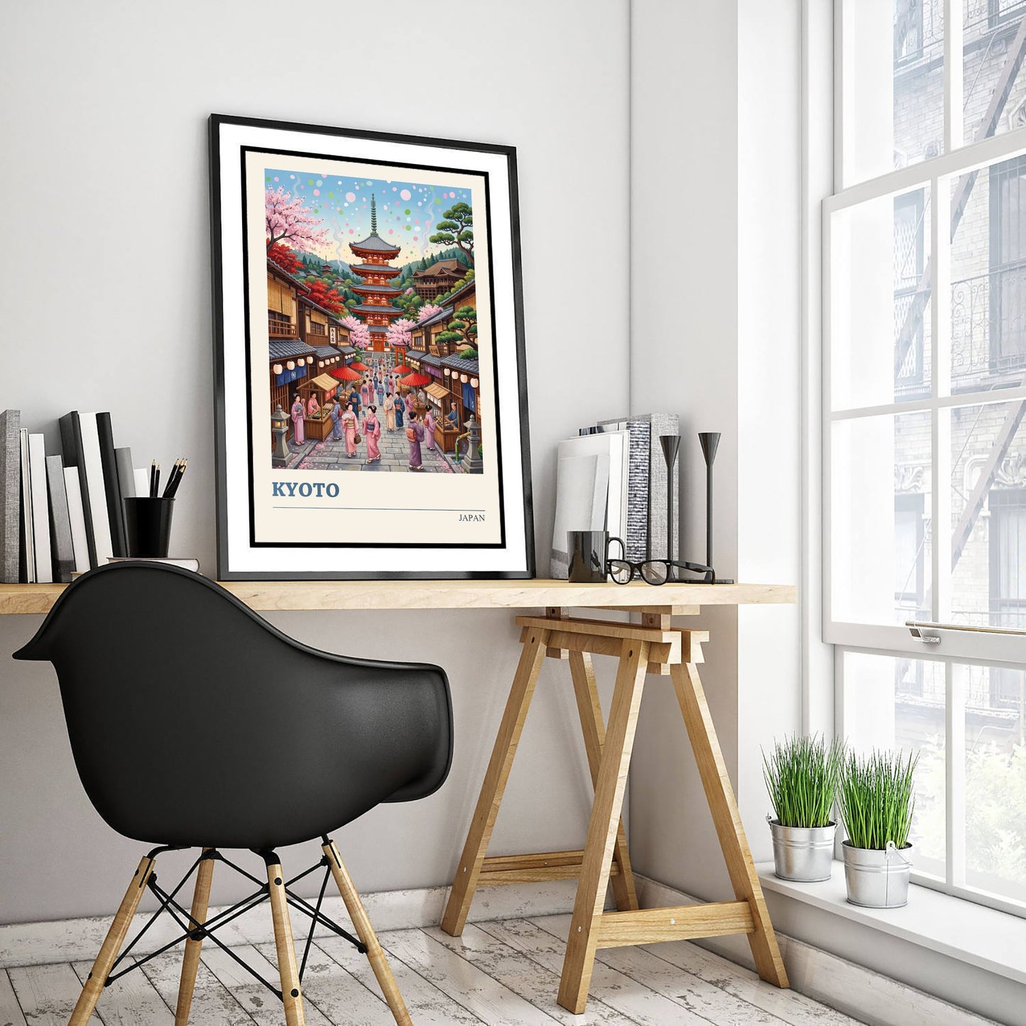 Kyoto Japan Travel Poster - Cherry Blossom Pagoda Art Print - Folk Art Illustration - Old Town Lantern Street 1/3