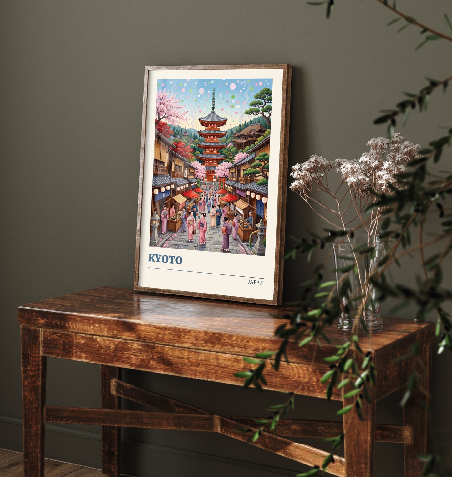 Kyoto Japan Travel Poster - Cherry Blossom Pagoda Art Print - Folk Art Illustration - Old Town Lantern Street 1/3