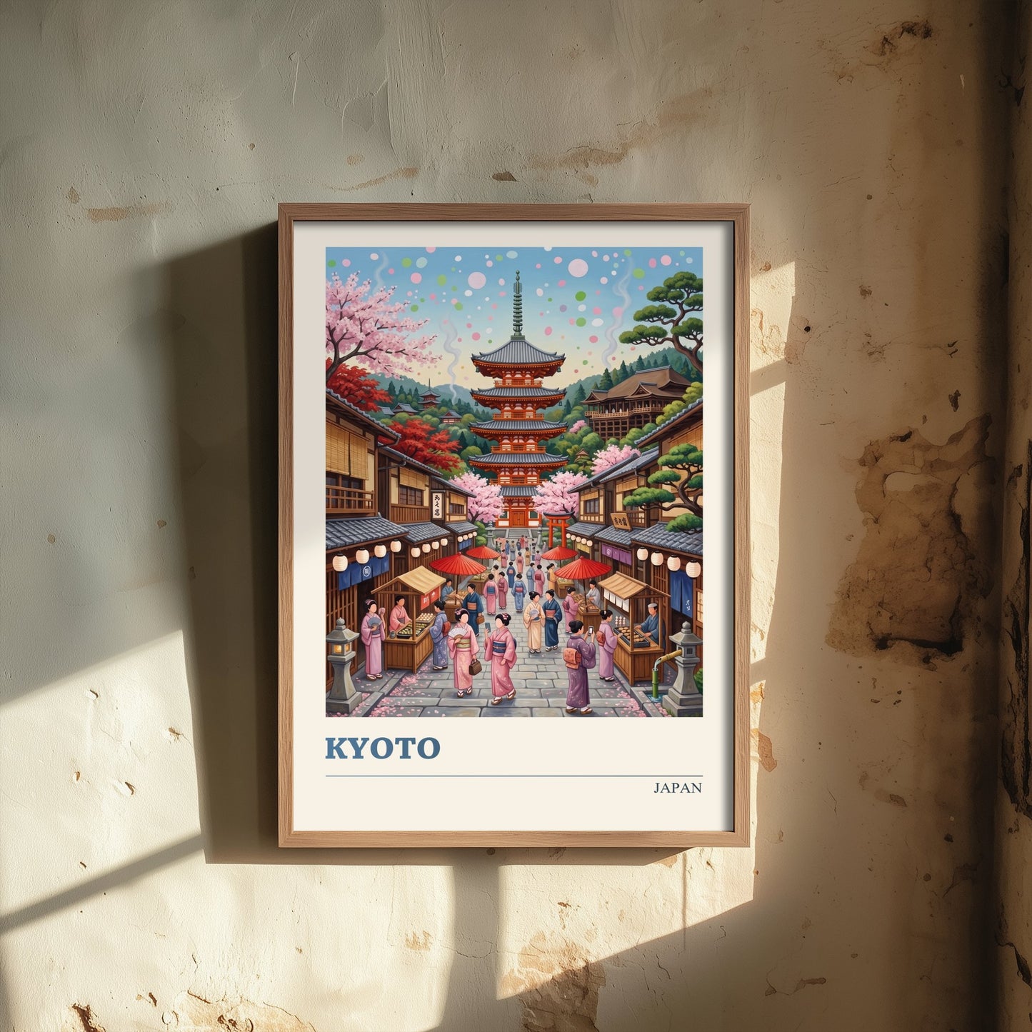 Kyoto Japan Travel Poster - Cherry Blossom Pagoda Art Print - Folk Art Illustration - Old Town Lantern Street 1/3