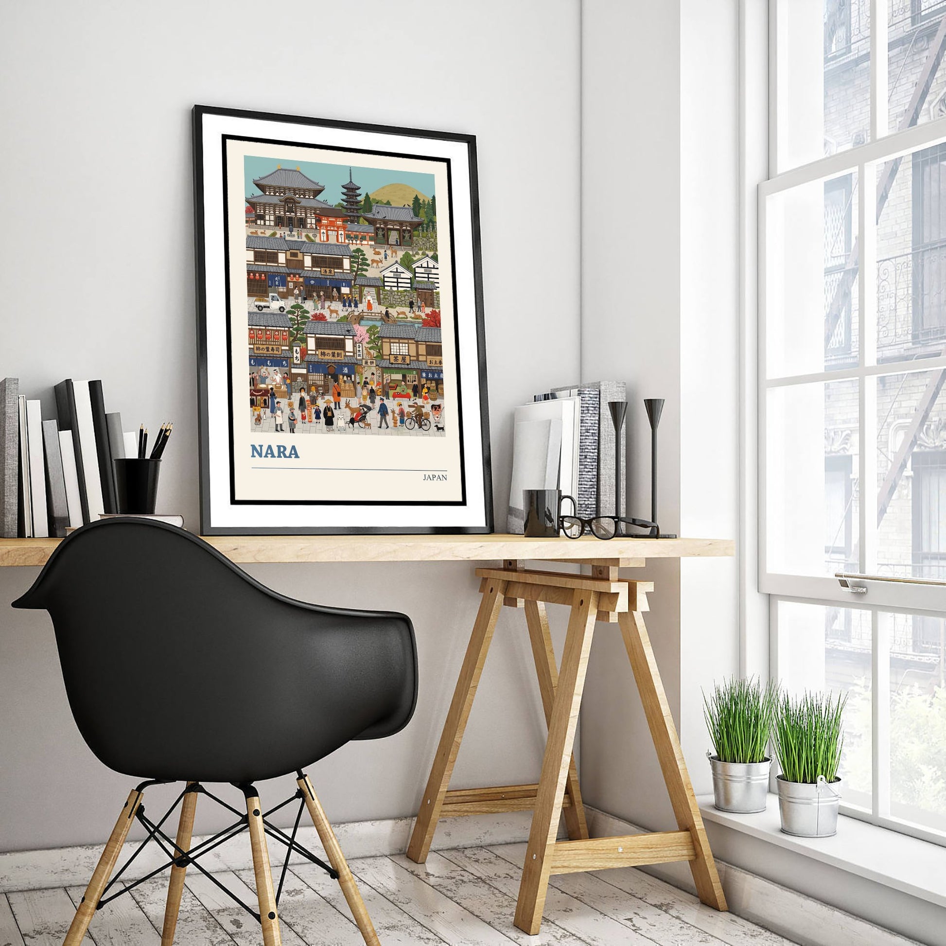 Nara Japan Travel Poster - Temple and Deer Art Print - Folk Art Illustration - Old Town Market Streets 2/3