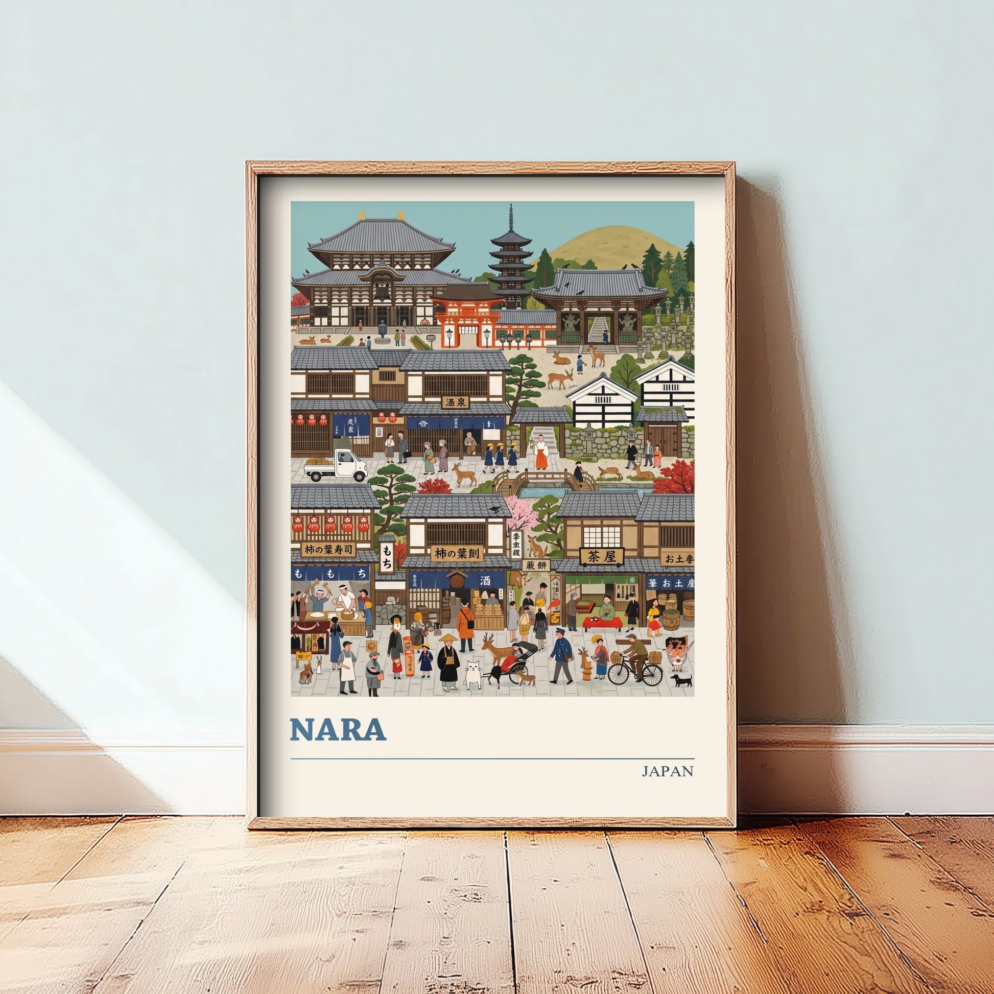 Nara Japan Travel Poster - Temple and Deer Art Print - Folk Art Illustration - Old Town Market Streets 2/3