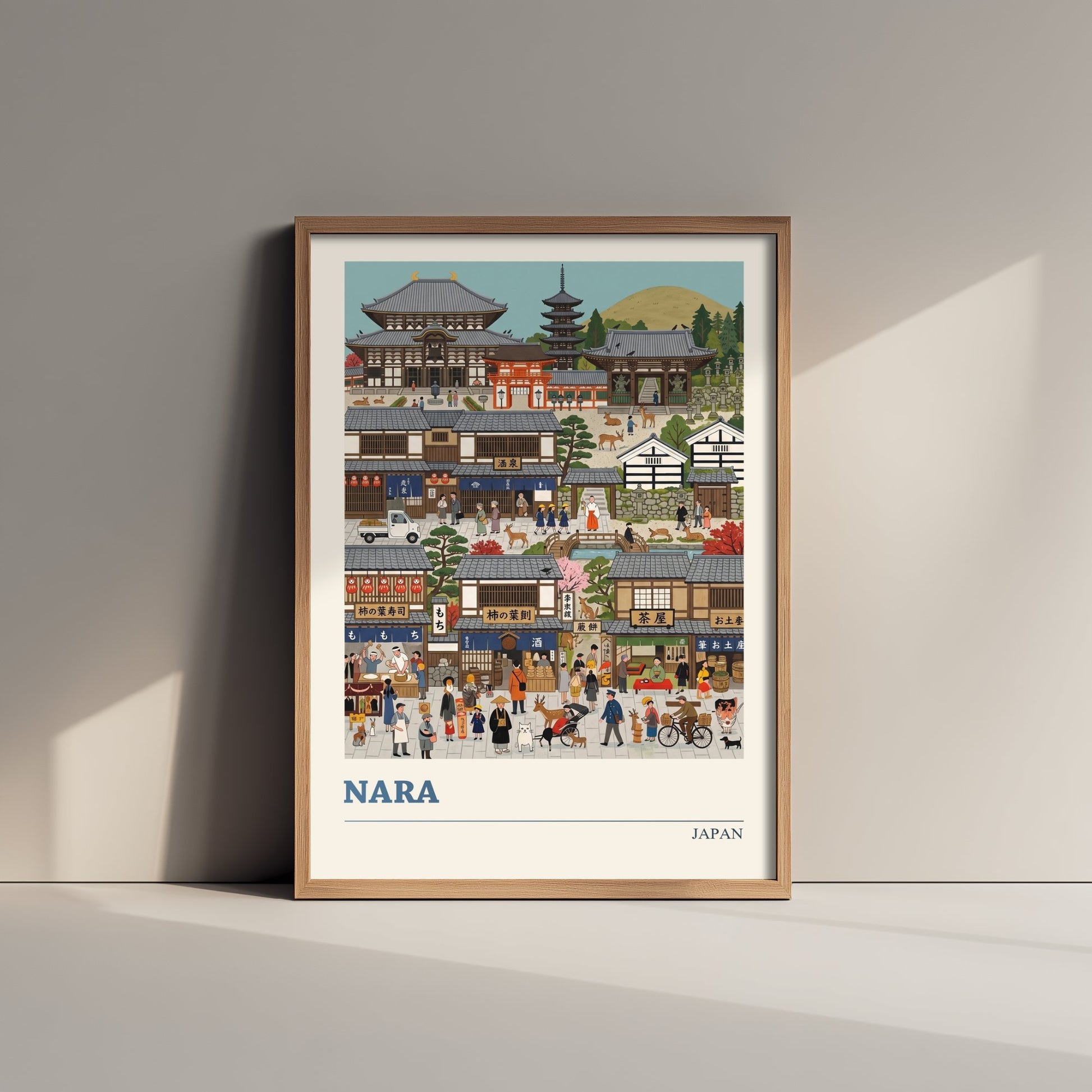 Nara Japan Travel Poster - Temple and Deer Art Print - Folk Art Illustration - Old Town Market Streets 2/3
