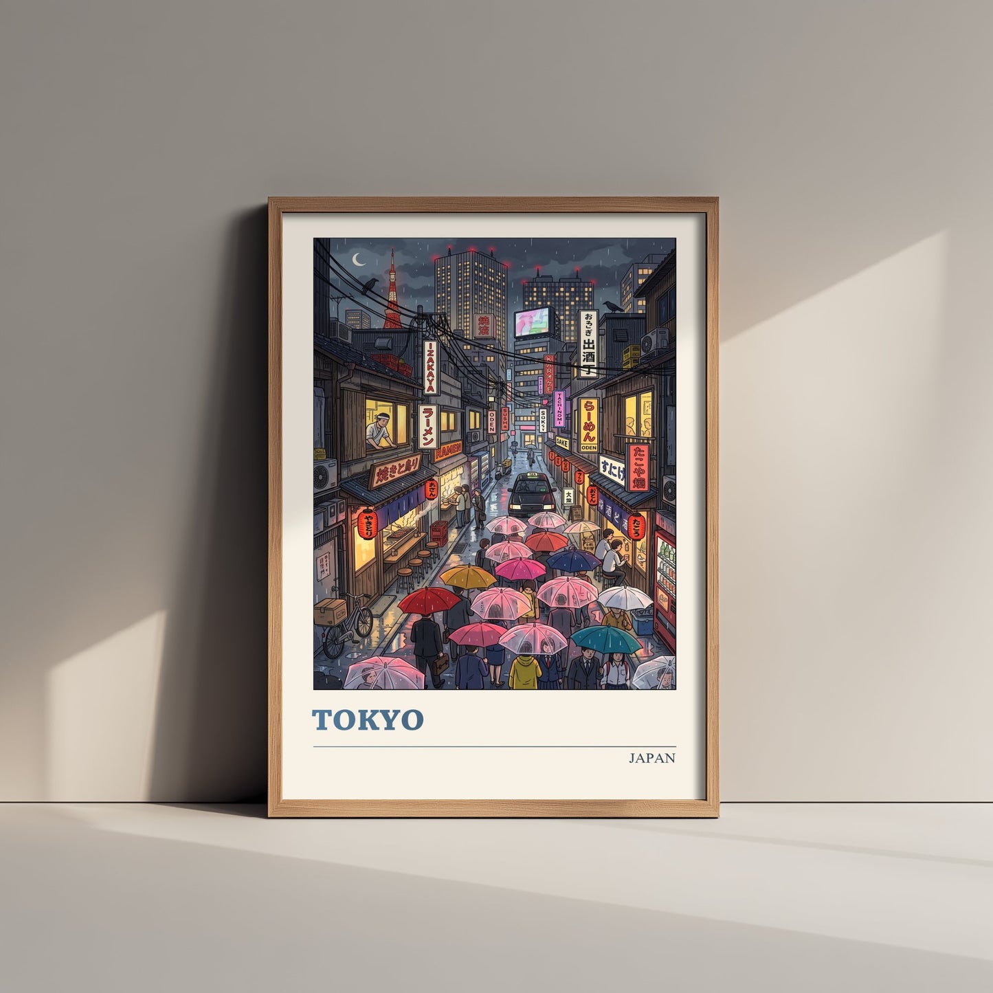 Tokyo Japan Travel Poster - Rainy Neon Alley Art Print - Folk Art Illustration - Umbrellas at Night 3/3