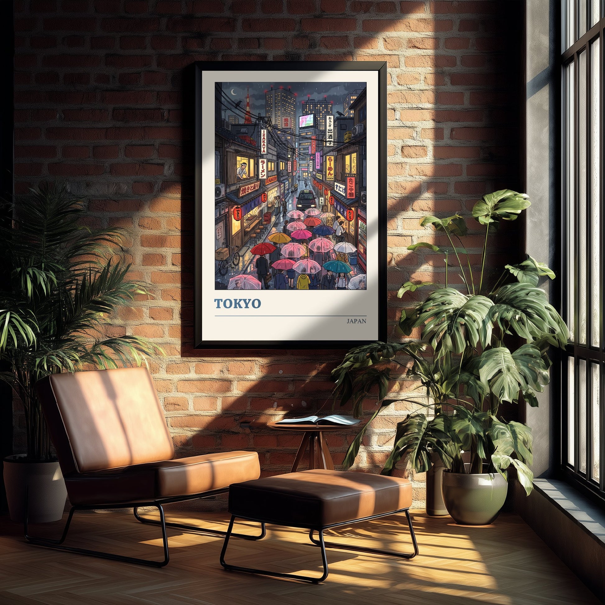 Tokyo Japan Travel Poster - Rainy Neon Alley Art Print - Folk Art Illustration - Umbrellas at Night 3/3