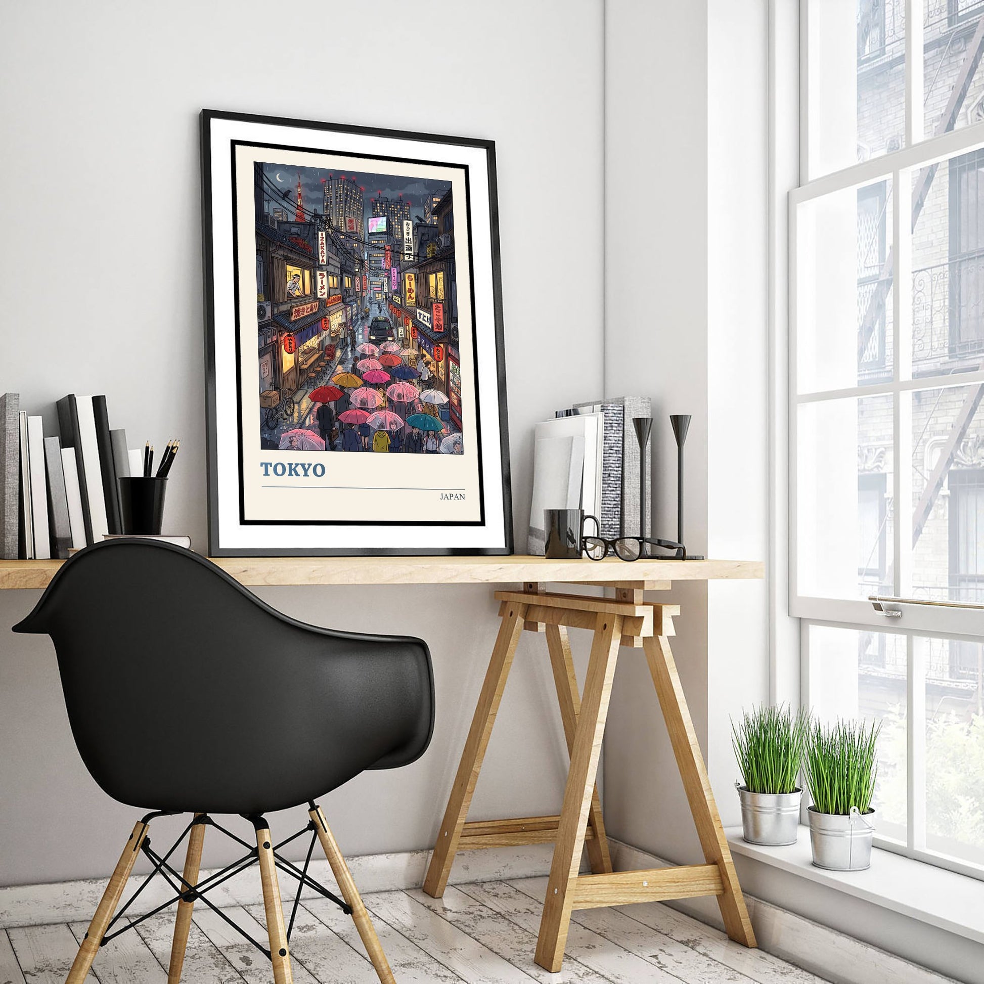 Tokyo Japan Travel Poster - Rainy Neon Alley Art Print - Folk Art Illustration - Umbrellas at Night 3/3