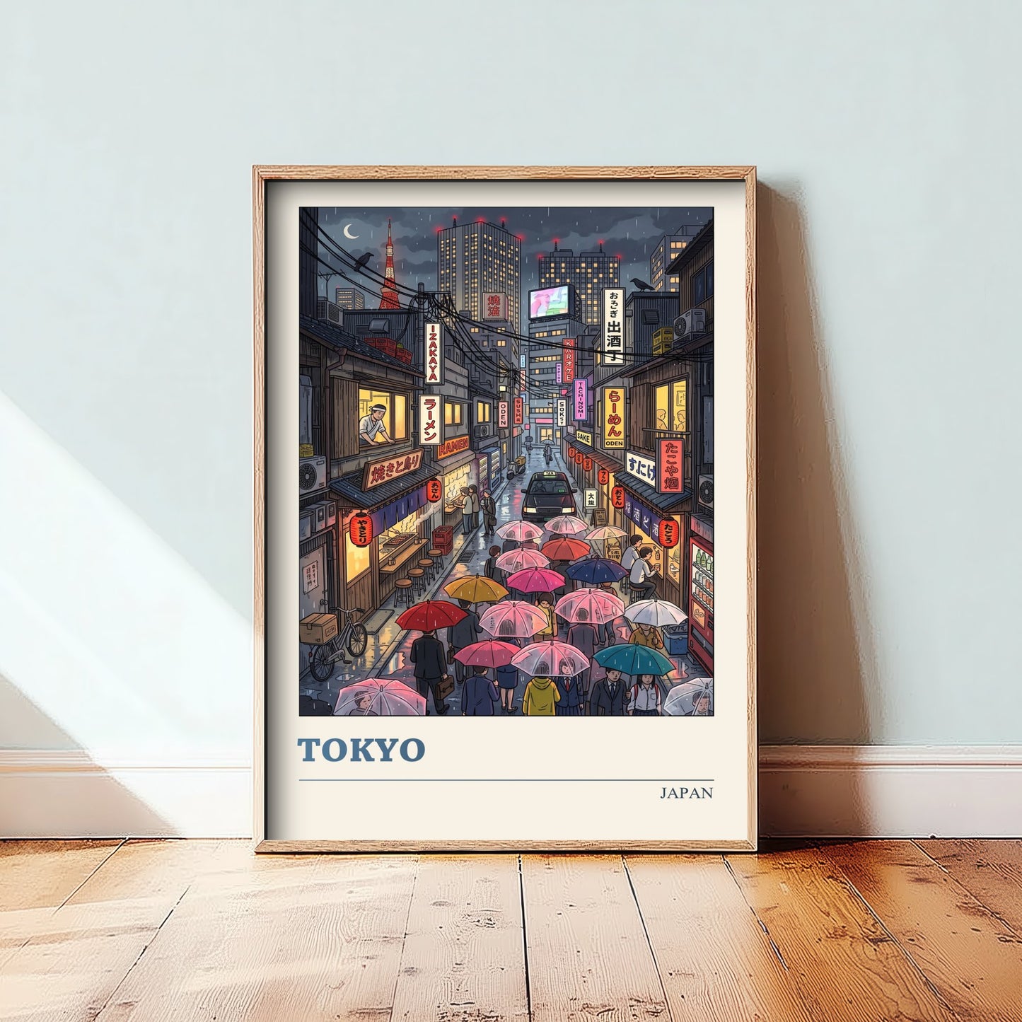 Tokyo Japan Travel Poster - Rainy Neon Alley Art Print - Folk Art Illustration - Umbrellas at Night 3/3