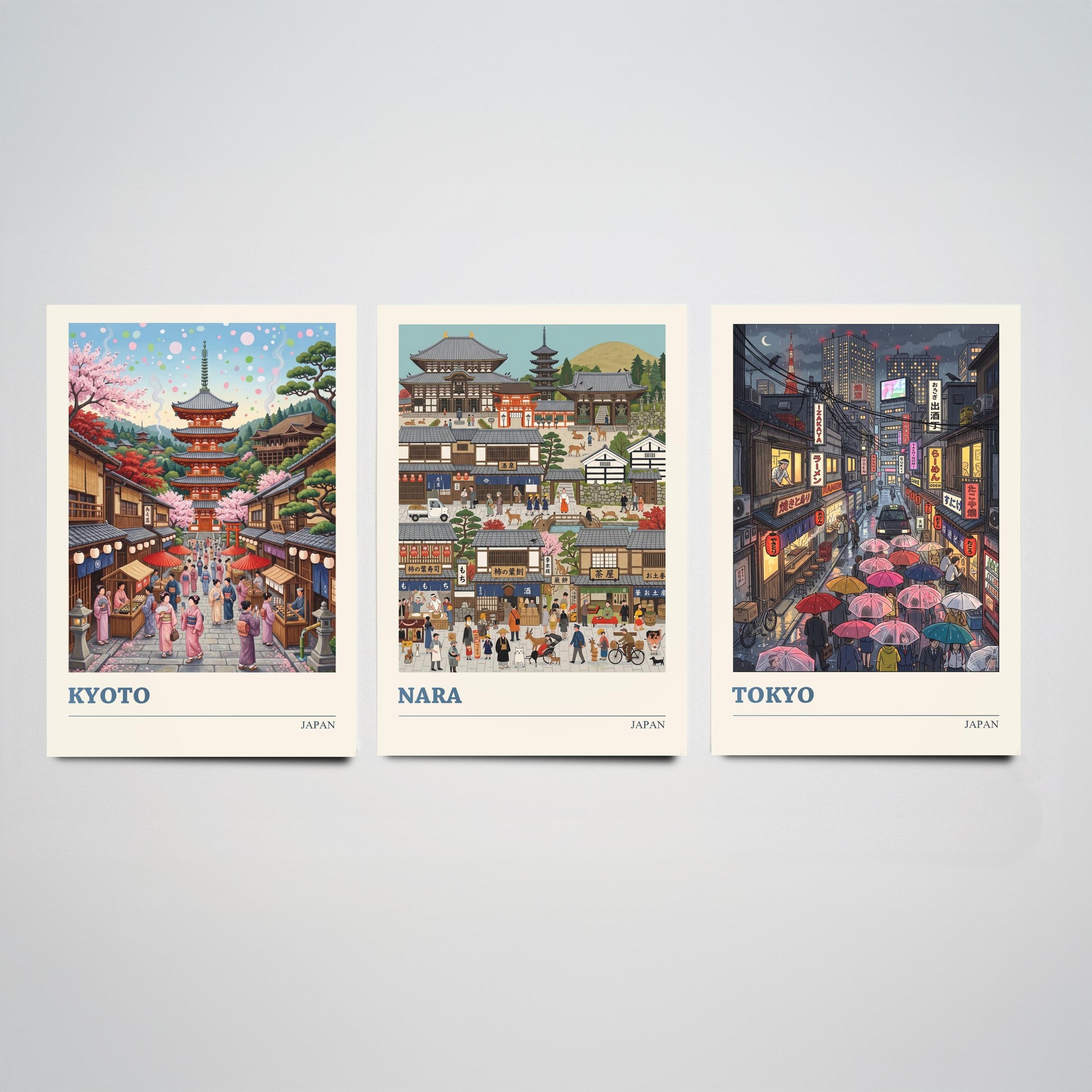 Japan Set of Three Art Prints - Kyoto, Nara, Tokyo - 3 Colourful Folk Illustration Travel Posters - Japanese Cities Painting
