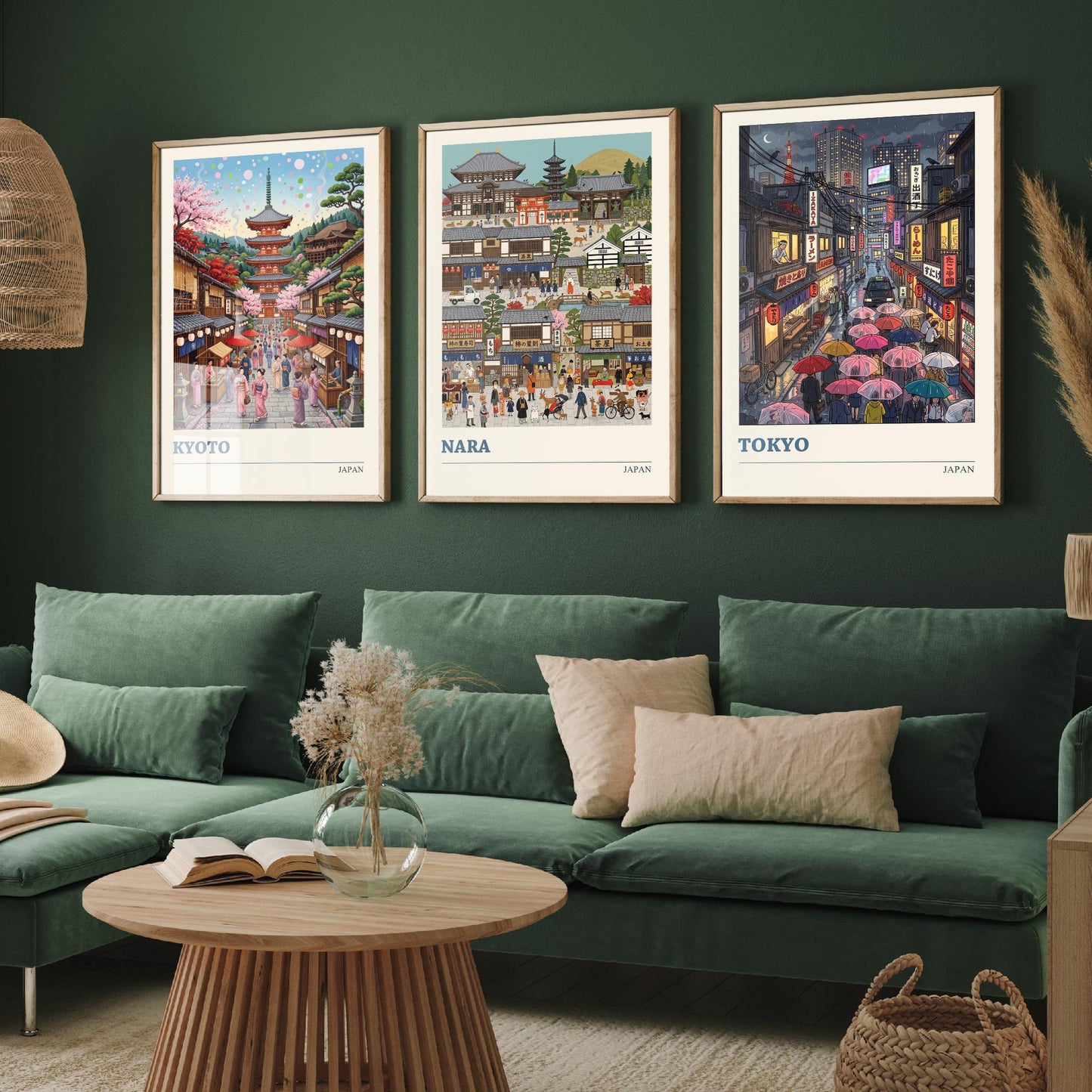 Japan Set of Three Art Prints - Kyoto, Nara, Tokyo - 3 Colourful Folk Illustration Travel Posters - Japanese Cities Painting