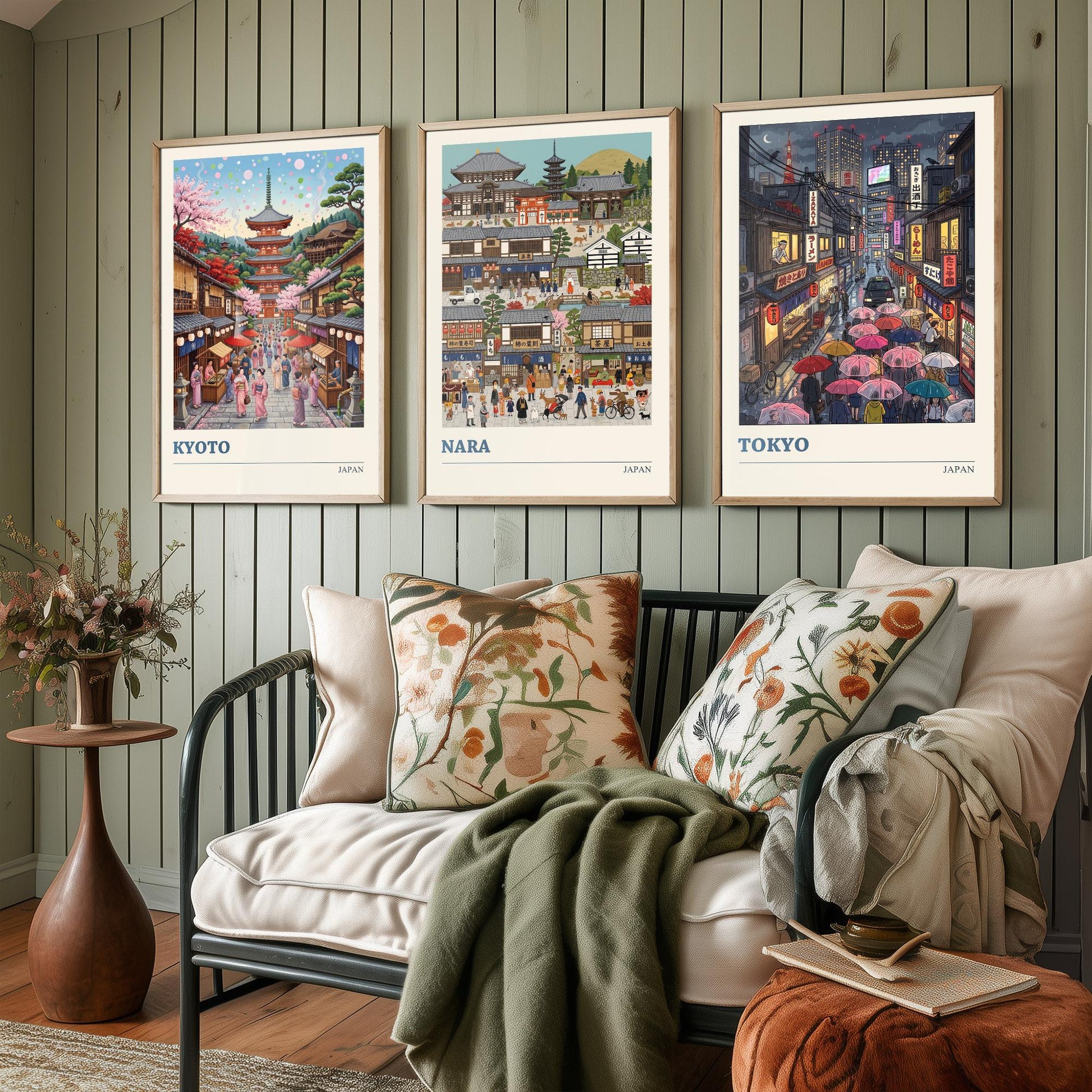Japan Set of Three Art Prints - Kyoto, Nara, Tokyo - 3 Colourful Folk Illustration Travel Posters - Japanese Cities Painting