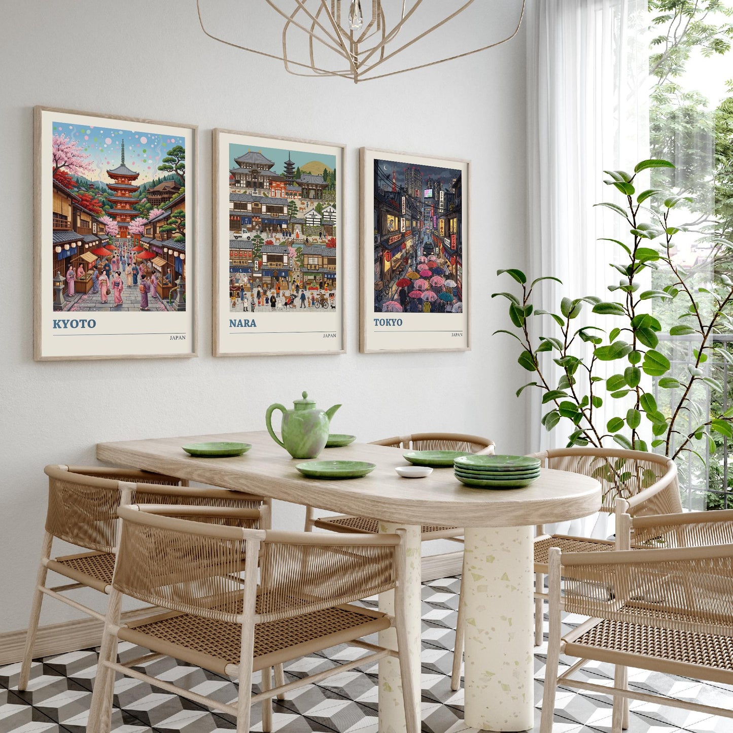Japan Set of Three Art Prints - Kyoto, Nara, Tokyo - 3 Colourful Folk Illustration Travel Posters - Japanese Cities Painting
