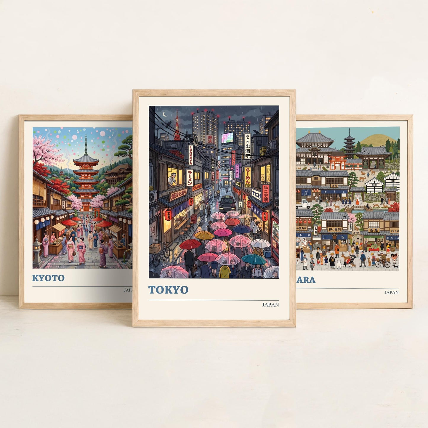 Japan Set of Three Art Prints - Kyoto, Nara, Tokyo - 3 Colourful Folk Illustration Travel Posters - Japanese Cities Painting
