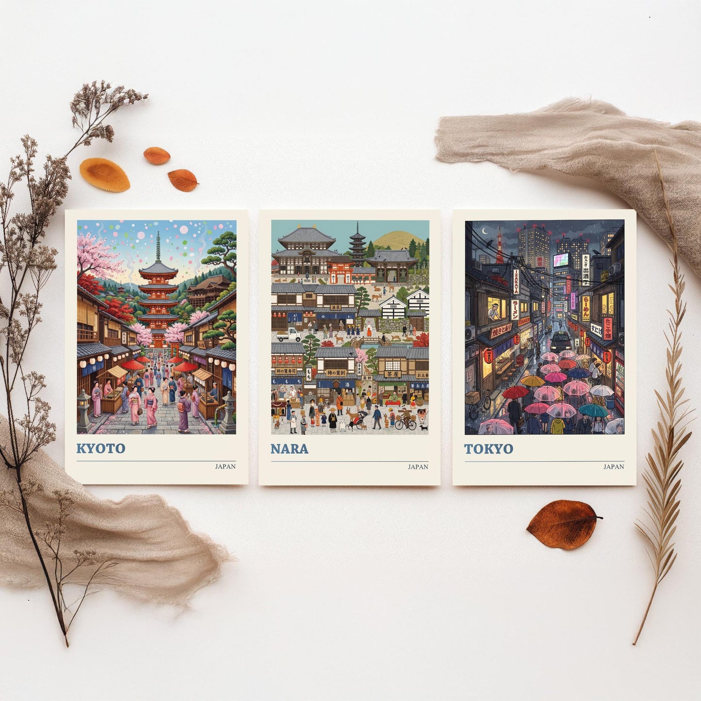 Japan Set of Three Art Prints - Kyoto, Nara, Tokyo - 3 Colourful Folk Illustration Travel Posters - Japanese Cities Painting