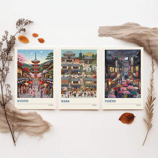 Japan Set of Three Art Prints - Kyoto, Nara, Tokyo - 3 Colourful Folk Illustration Travel Posters - Japanese Cities Painting