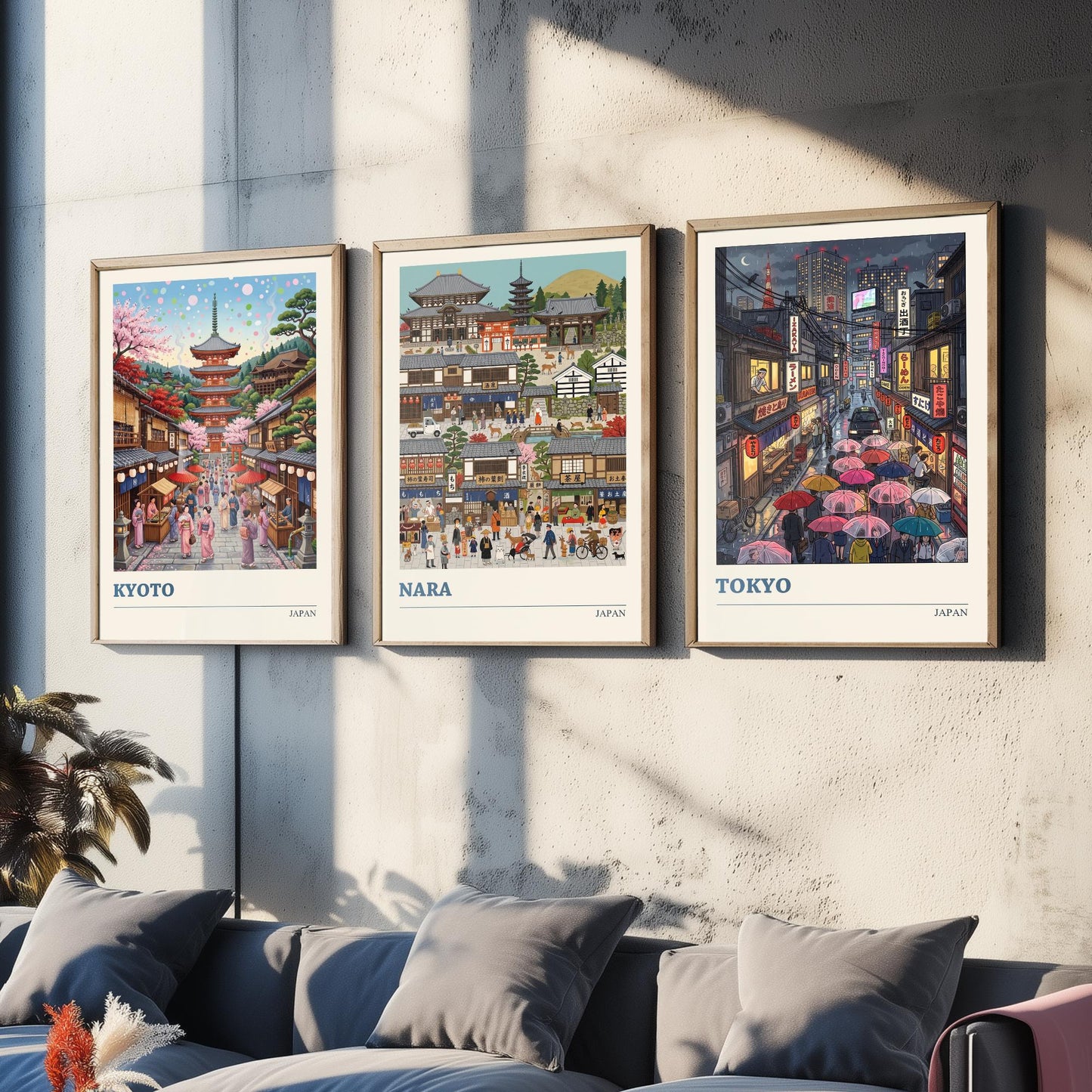 Japan Set of Three Art Prints - Kyoto, Nara, Tokyo - 3 Colourful Folk Illustration Travel Posters - Japanese Cities Painting