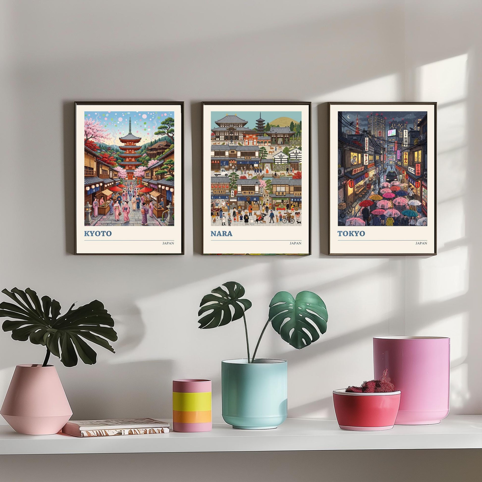 Japan Set of Three Art Prints - Kyoto, Nara, Tokyo - 3 Colourful Folk Illustration Travel Posters - Japanese Cities Painting