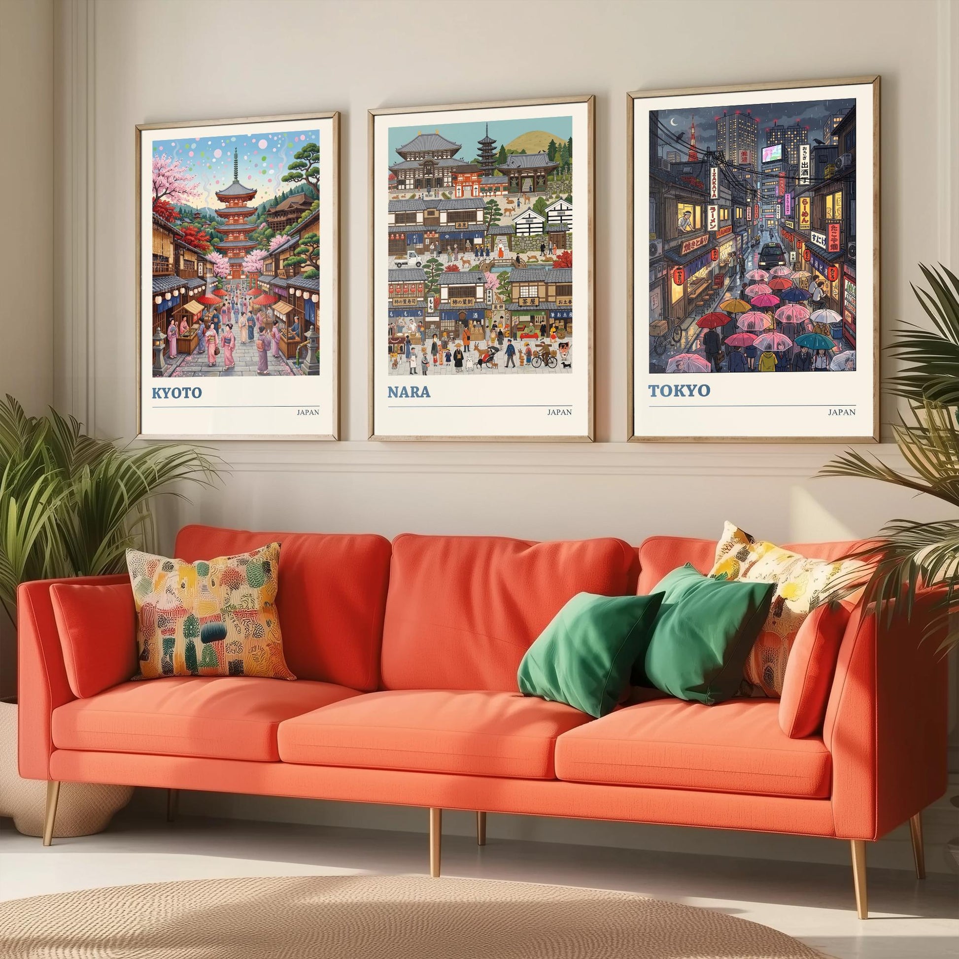 Japan Set of Three Art Prints - Kyoto, Nara, Tokyo - 3 Colourful Folk Illustration Travel Posters - Japanese Cities Painting