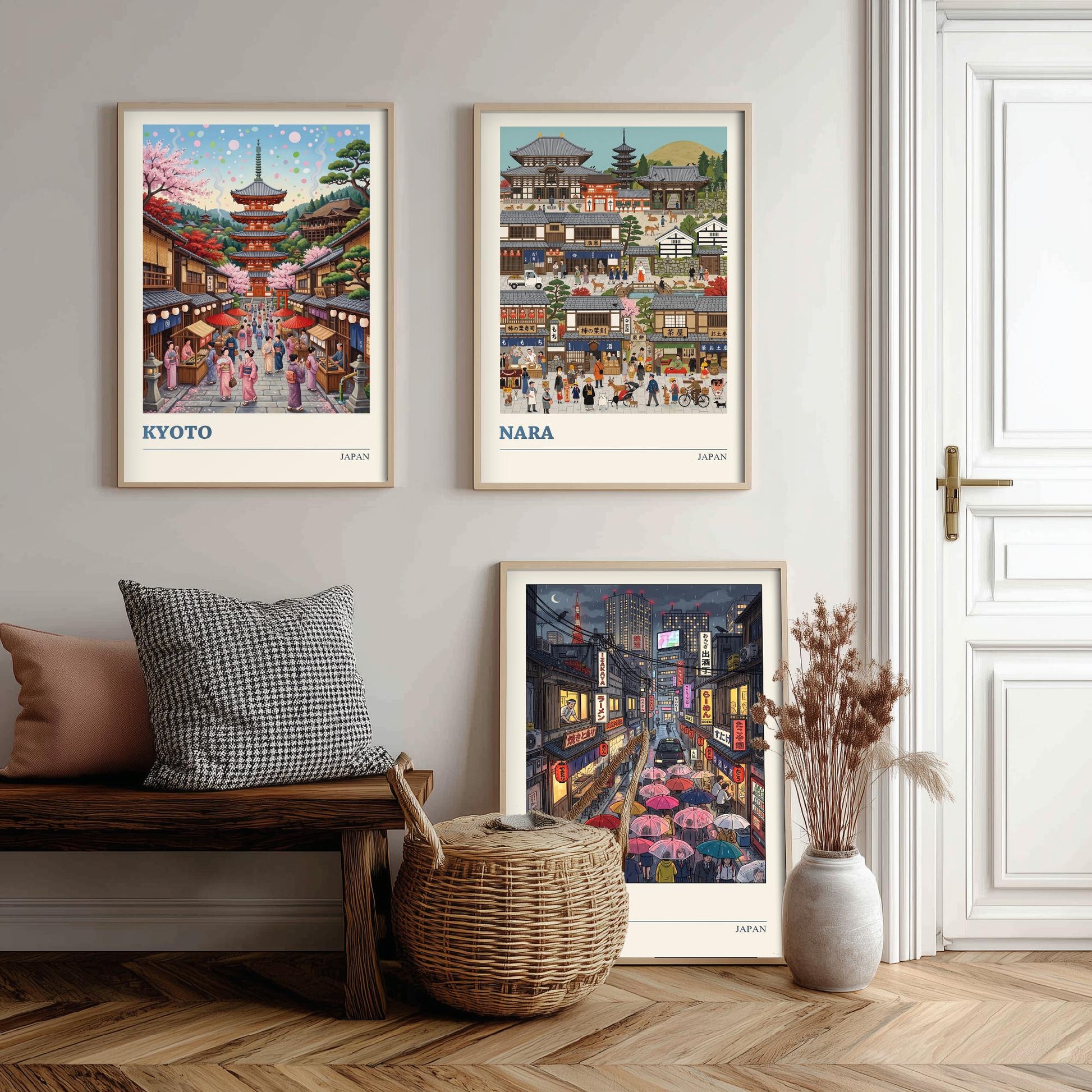 Japan Set of Three Art Prints - Kyoto, Nara, Tokyo - 3 Colourful Folk Illustration Travel Posters - Japanese Cities Painting