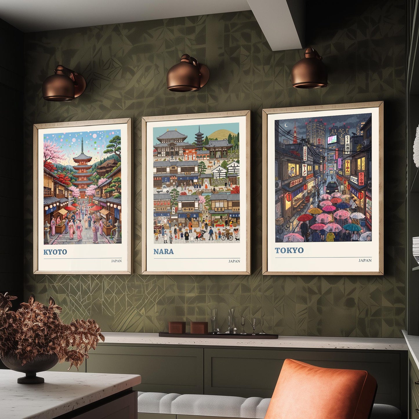 Japan Set of Three Art Prints - Kyoto, Nara, Tokyo - 3 Colourful Folk Illustration Travel Posters - Japanese Cities Painting
