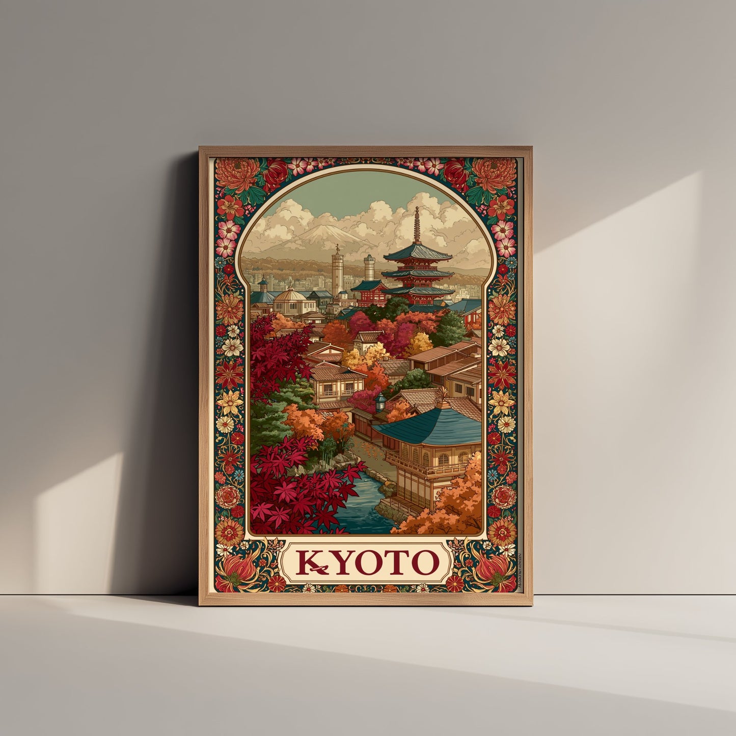 Kyoto Japan Travel Poster - Art Nouveau Illustration - Pagoda Temple Art Print - Autumn Maple Visit 1/3