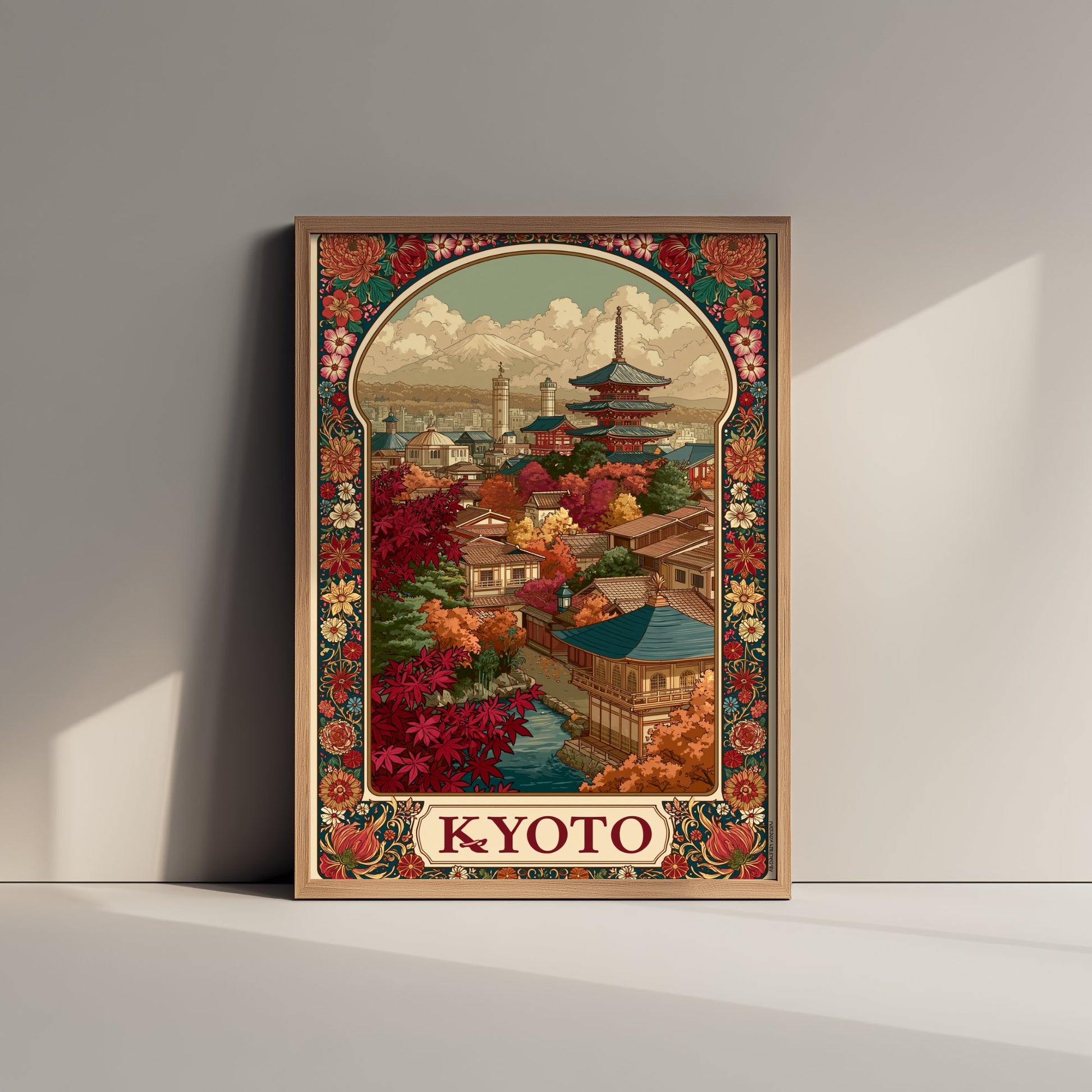 Kyoto Japan Travel Poster - Art Nouveau Illustration - Pagoda Temple Art Print - Autumn Maple Visit 1/3