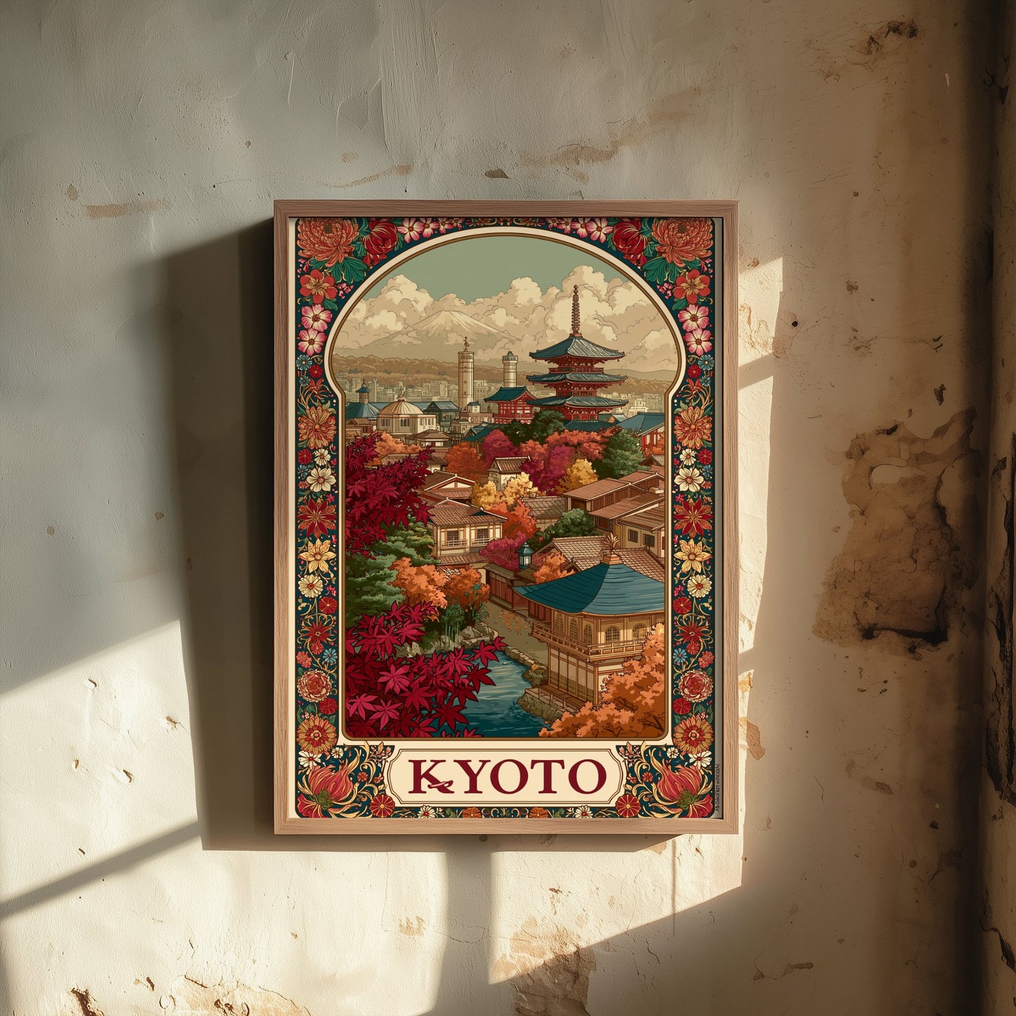 Kyoto Japan Travel Poster - Art Nouveau Illustration - Pagoda Temple Art Print - Autumn Maple Visit 1/3