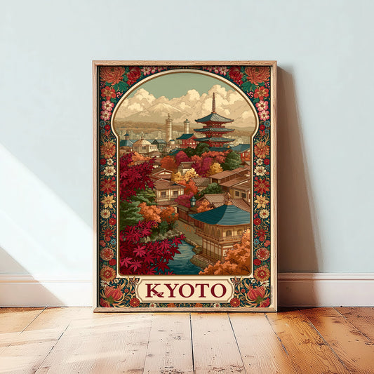 Kyoto Japan Travel Poster - Art Nouveau Illustration - Pagoda Temple Art Print - Autumn Maple Visit 1/3