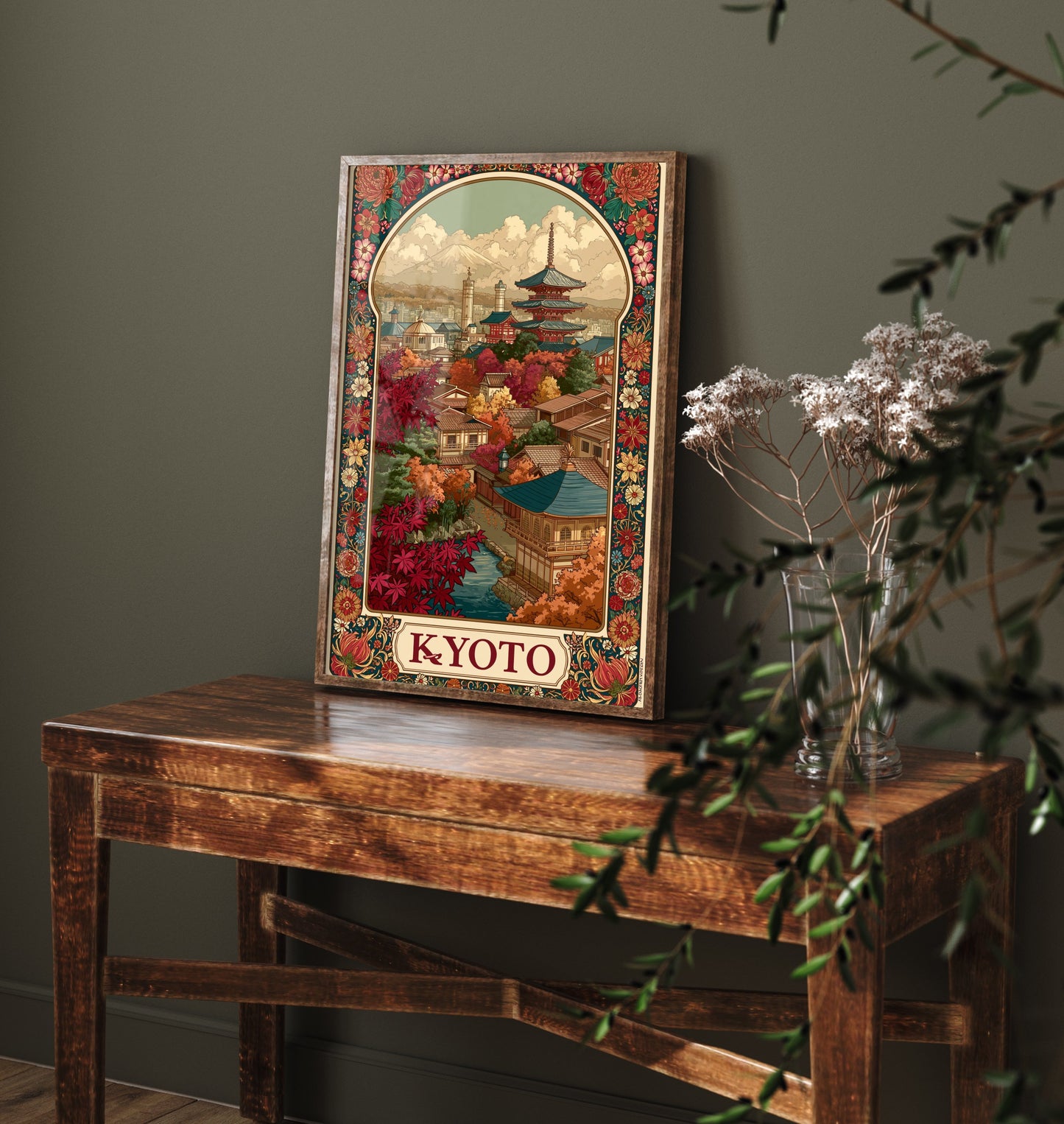 Kyoto Japan Travel Poster - Art Nouveau Illustration - Pagoda Temple Art Print - Autumn Maple Visit 1/3