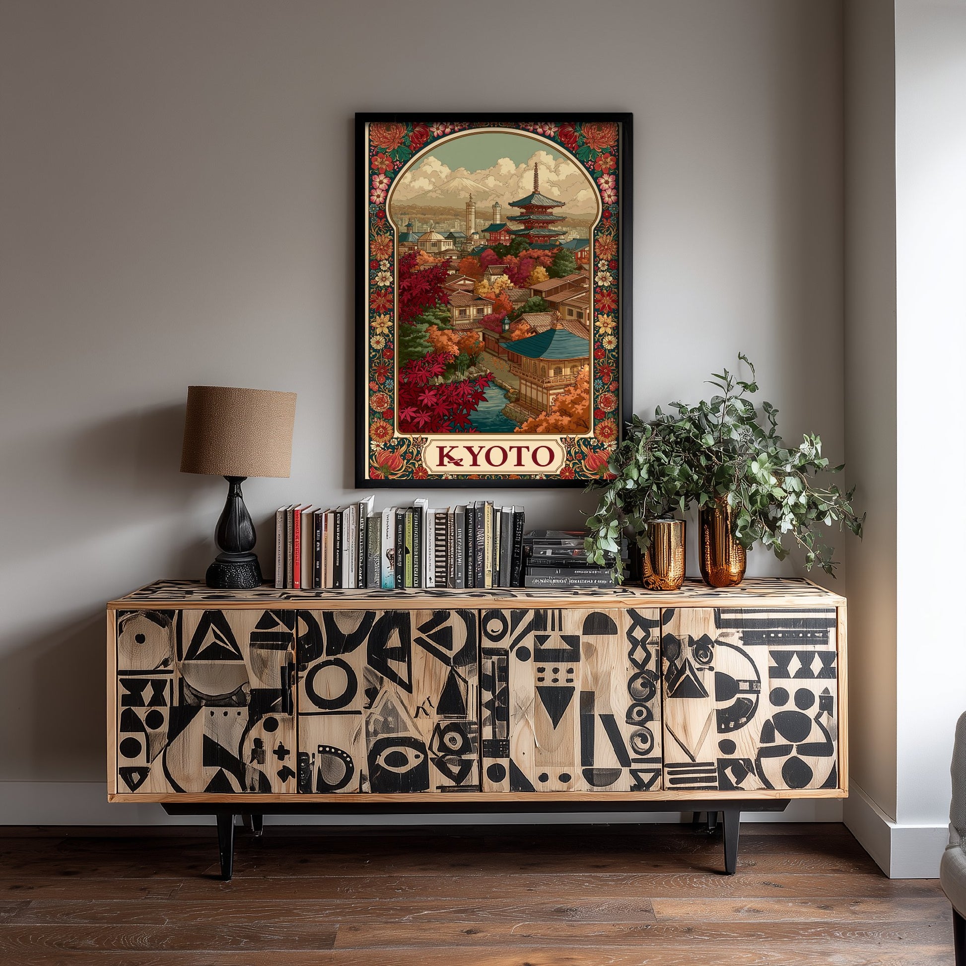 Kyoto Japan Travel Poster - Art Nouveau Illustration - Pagoda Temple Art Print - Autumn Maple Visit 1/3