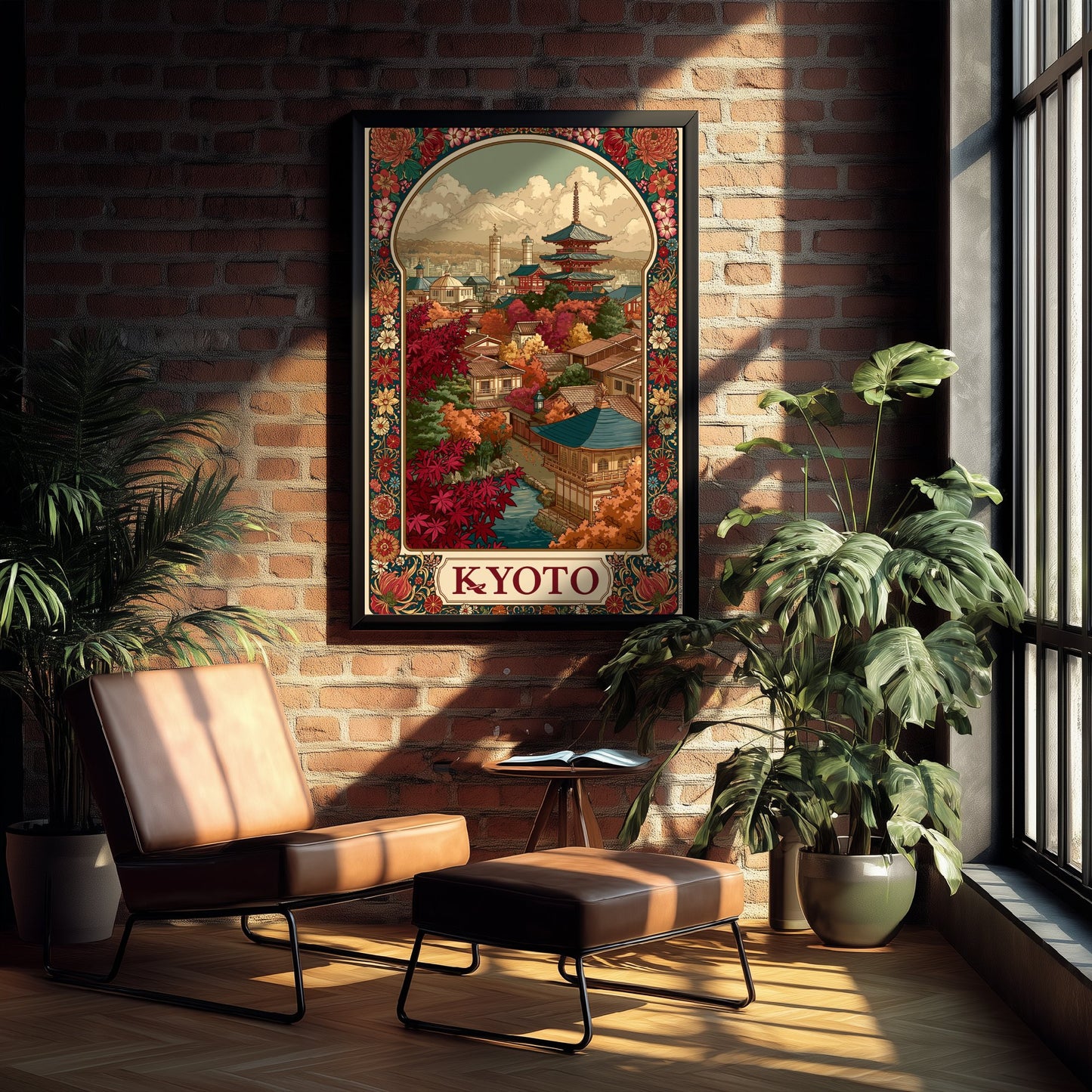 Kyoto Japan Travel Poster - Art Nouveau Illustration - Pagoda Temple Art Print - Autumn Maple Visit 1/3