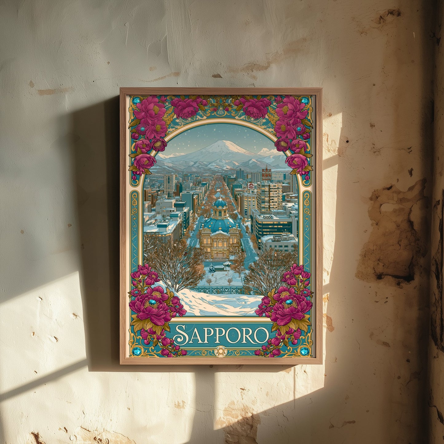 Sapporo Japan Travel Poster - Art Nouveau Illustration - Snowy Mountain Art Print - Winter City Visit 2/3