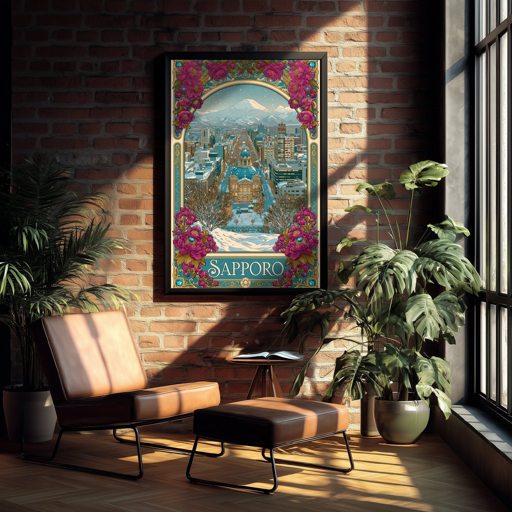 Sapporo Japan Travel Poster - Art Nouveau Illustration - Snowy Mountain Art Print - Winter City Visit 2/3